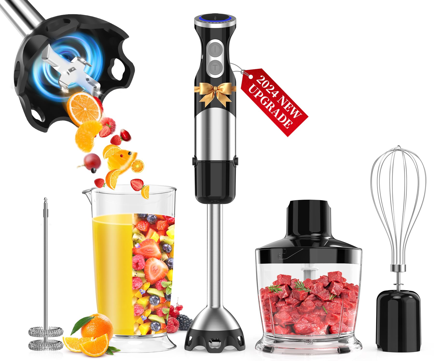 5-in-1 Immersion Hand Blender 1100W - 12 Speed & Turbo Boost Stick Blender with Stainless Steel Chopper, Mixing Beaker, Whisk & Milk Frother for Smoothies, Purees, Milkshakes, Soups & Baby Food - Professional Kitchen & Home Cooking Essential