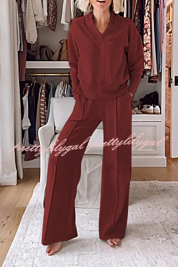 Women's Solid Color V-Neck Top & Elastic Waist Lounge Pants Set with Pockets - Cozy Winter Loungewear for Home, Yoga, and Relaxation