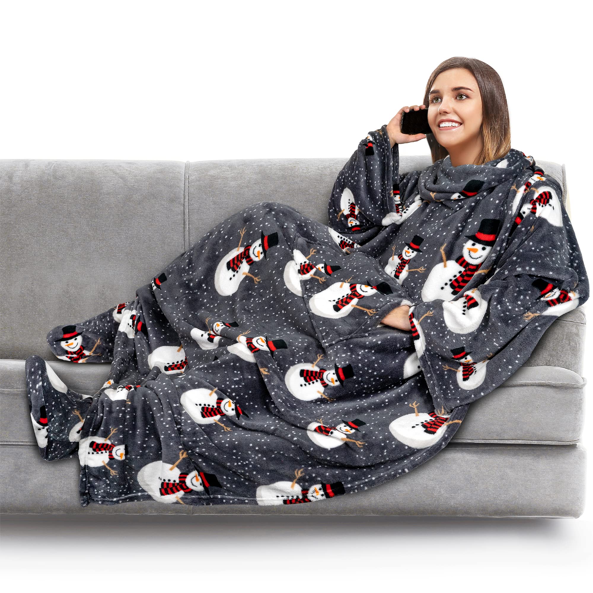 PAVILIA Wearable Fleece Blanket with Sleeves & Foot Pockets - Soft Plush Blanket Robe for Women & Men - Cozy Gift for Wife, Mom - Perfect for Winter Nights, Movie Time & Relaxation (Snowman Gray)