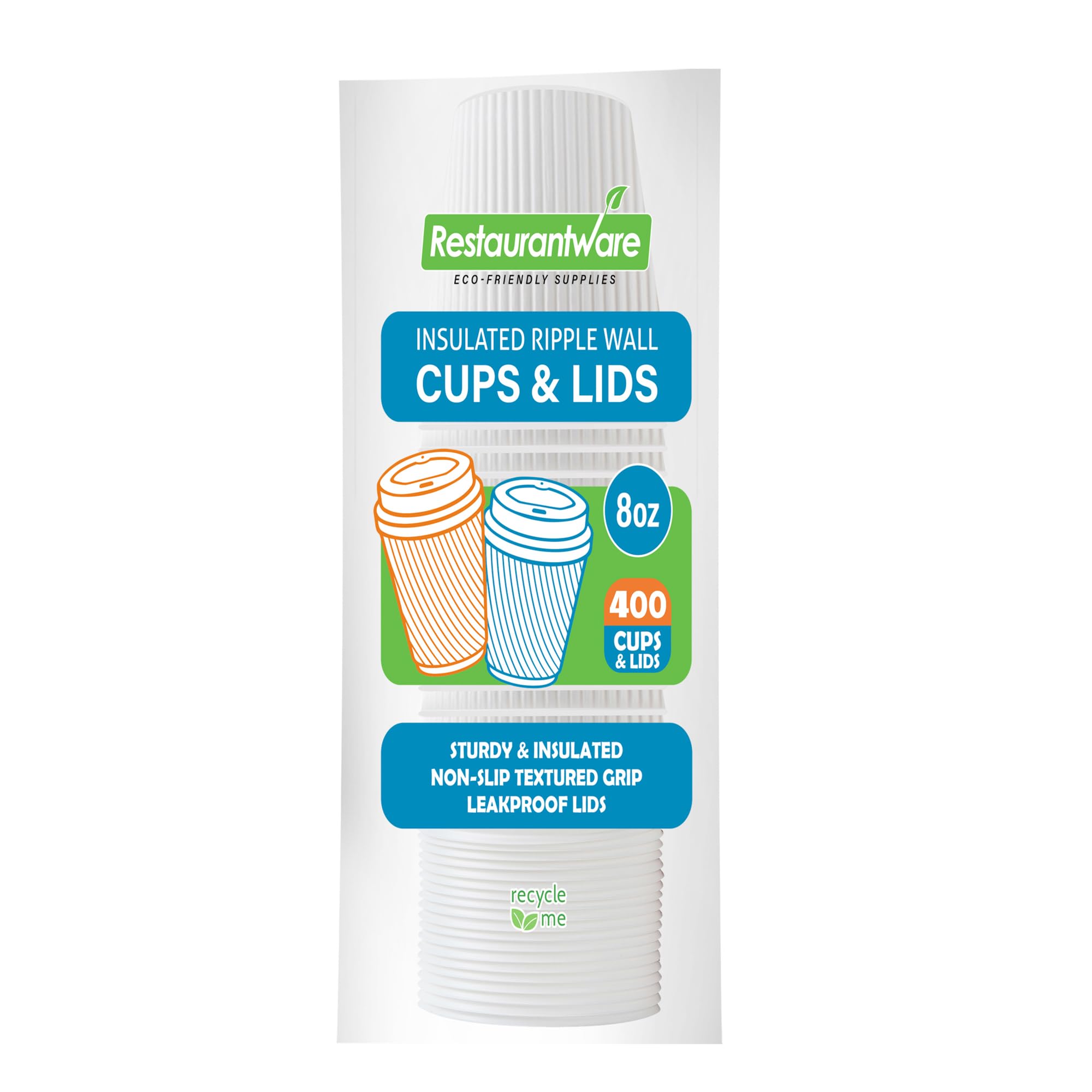 Restaurantware 8oz Insulated Coffee Cups with Lids - 400 Pack White Disposable Hot Cups | Leakproof, Non-Slip Ripple Wall Design | Perfect for Coffee, Tea, Hot Chocolate & Lattes | Ideal for Cafes, Offices & Home Use