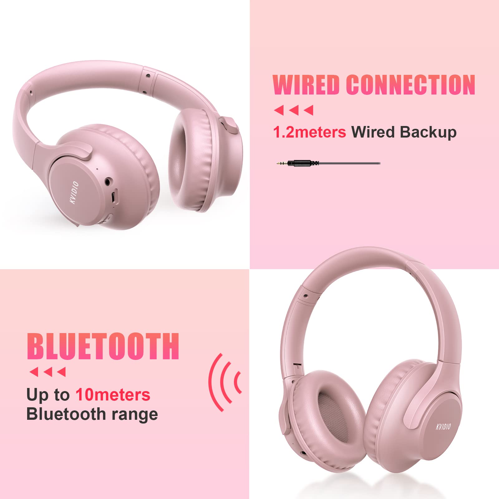 KVIDIO Bluetooth Over-Ear Headphones - 65H Playtime, Wireless with Mic, Foldable & Lightweight, Deep Bass & HiFi Stereo Sound for iPhone/Android - Perfect for Travel, Workouts & Gaming