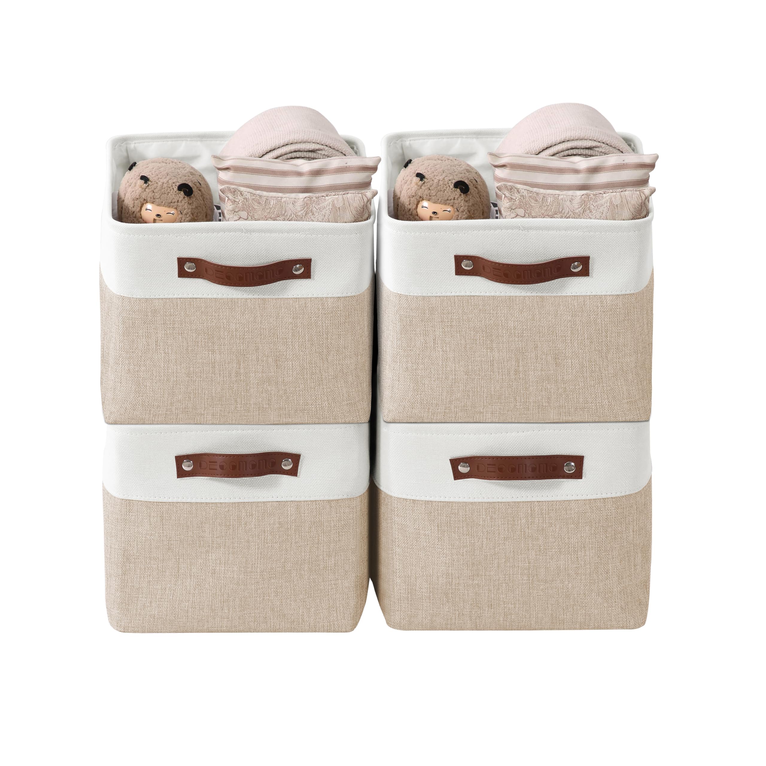 Decomomo Fabric Storage Bins - Large 4-Pack Beige & White Closet Organizer Baskets for Shelves, Toys, Nursery & Home Organization | Perfect for Bedroom, Playroom & Linen Closet Storage Solutions