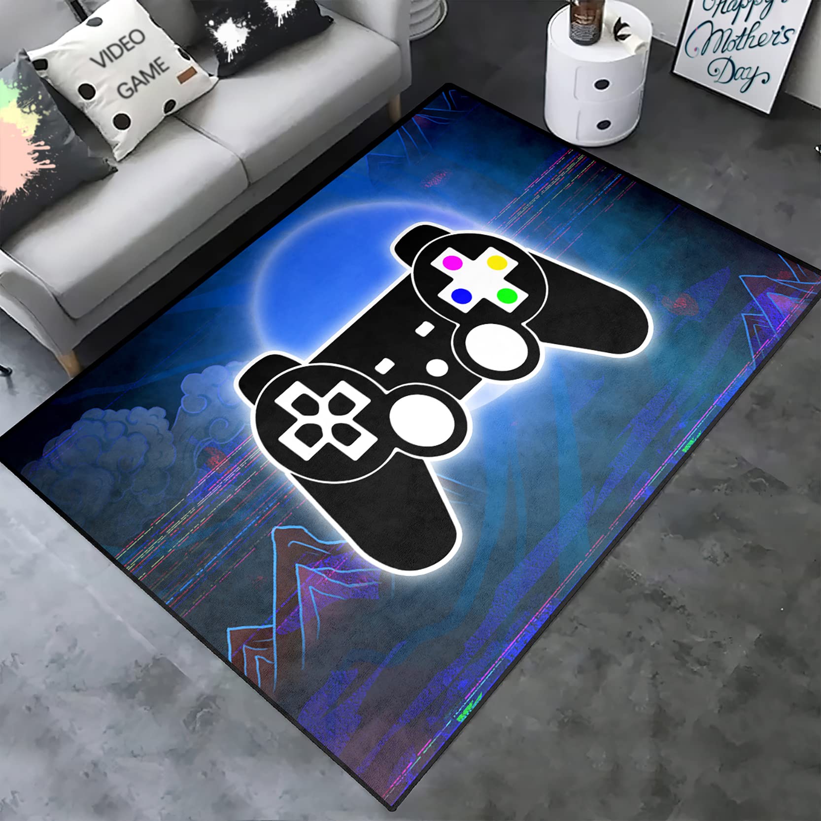 Gamer Rug - 47'' x 39'' Colorful Video Game Themed Doormat for Boys, Game Room Decor, Living Room & Dining Room Floor Mat - Perfect for Gaming Setups & Man Cave Decorations