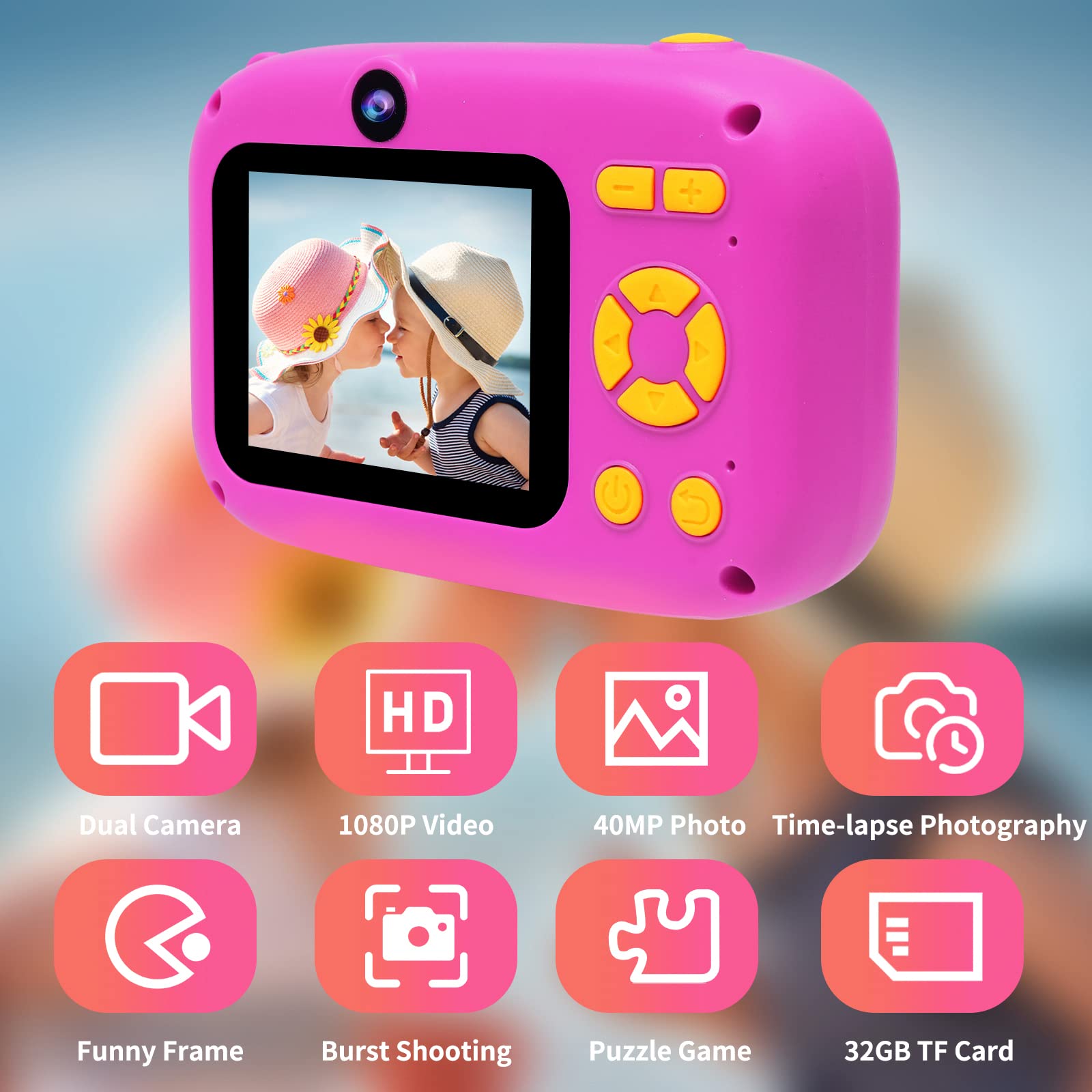 **40MP Kids Digital Camera with Time-Lapse & 1080P HD Video - Dual Selfie Camera for Girls & Boys Ages 3-12 - Includes 32GB SD Card & Reader - Perfect Christmas & Birthday Gift for Photography Fun, Travel & Family Moments**