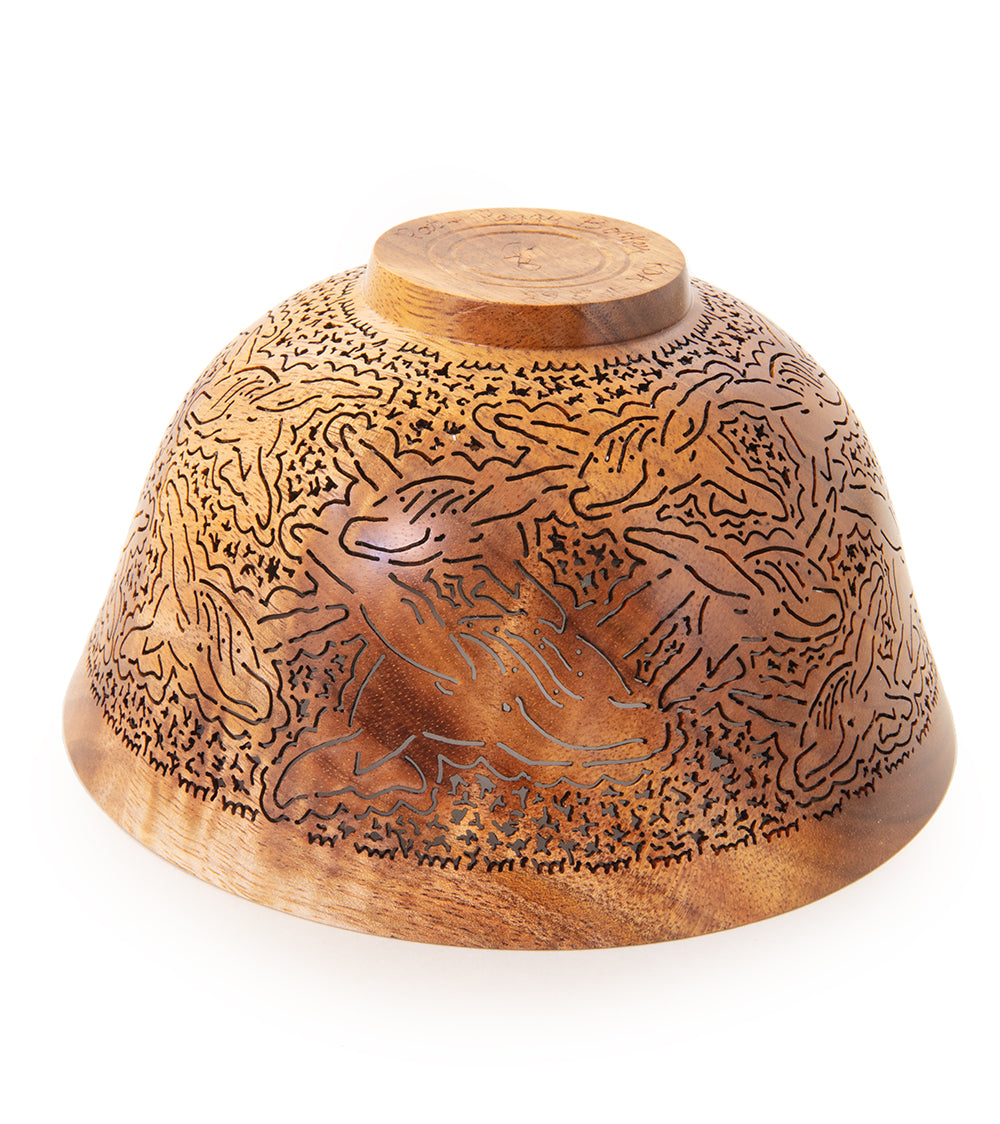 Handcrafted Pierced Koa Wood Bowl with Whales & Hibiscus Design - Hawaiian Artisan Home Decor by Patrick & Peggy Bookey - Perfect for Wall Display, Table Centerpiece or Gift Giving