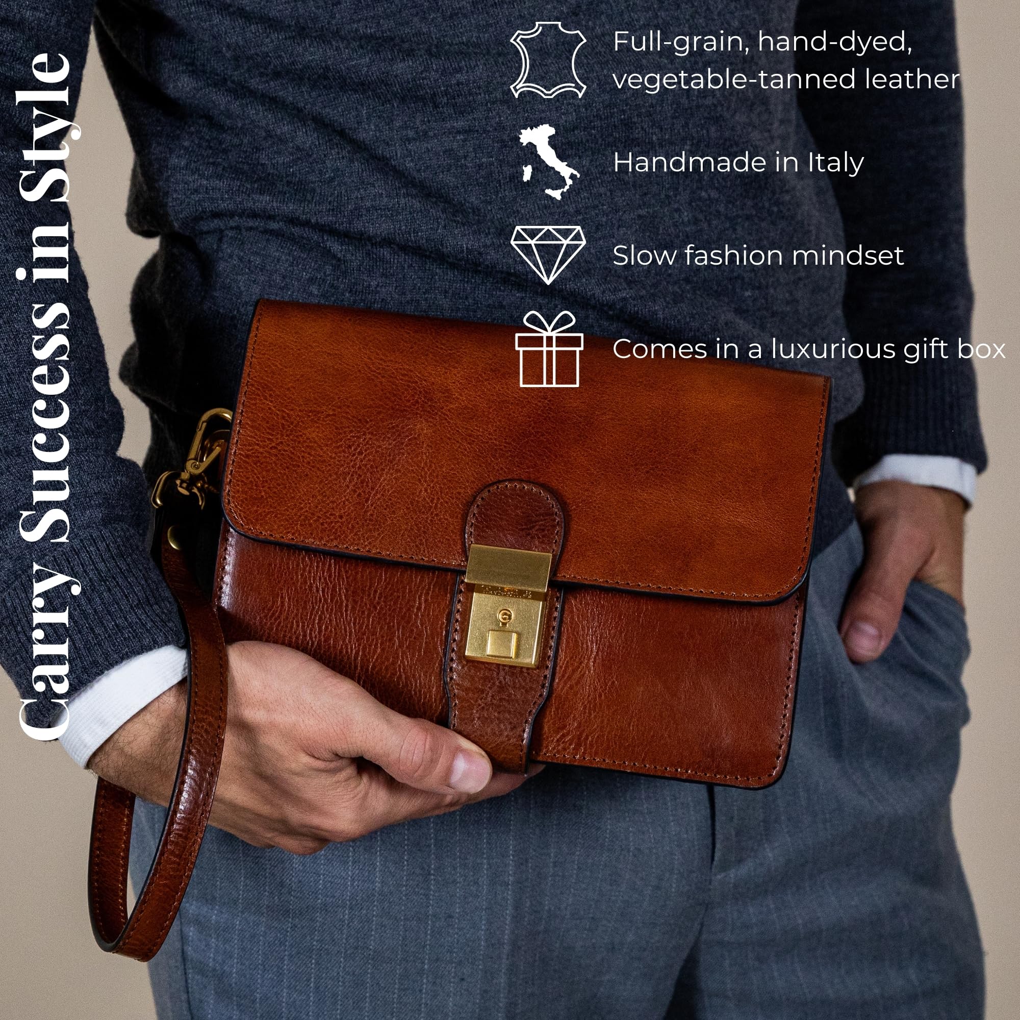 Premium Italian Handmade Leather Clutch for Men - Durable Time-Resistant Wrist Organizer Bag - Business Briefcase & Travel Essential for Work & Daily Commute