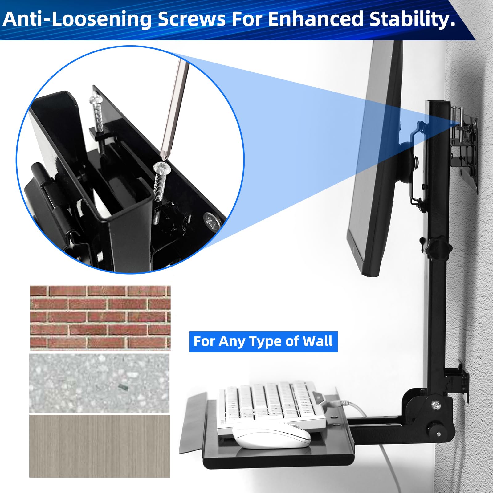 Adjustable Monitor Wall Mount with Foldable Keyboard Tray - VESA Compatible for 17