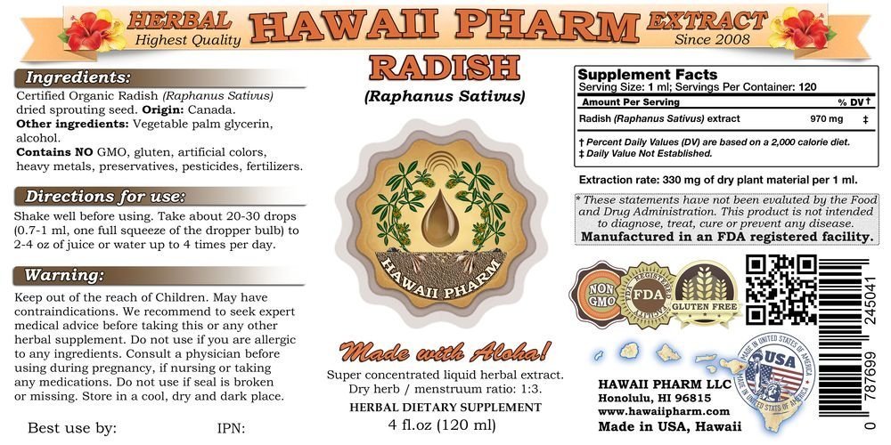 HawaiiPharm Radish Liquid Extract (Raphanus Sativus) - Organic Herbal Supplement for Digestion & Detox - 32 fl.oz Made in USA | Supports Gut Health, Immune System & Natural Cleansing