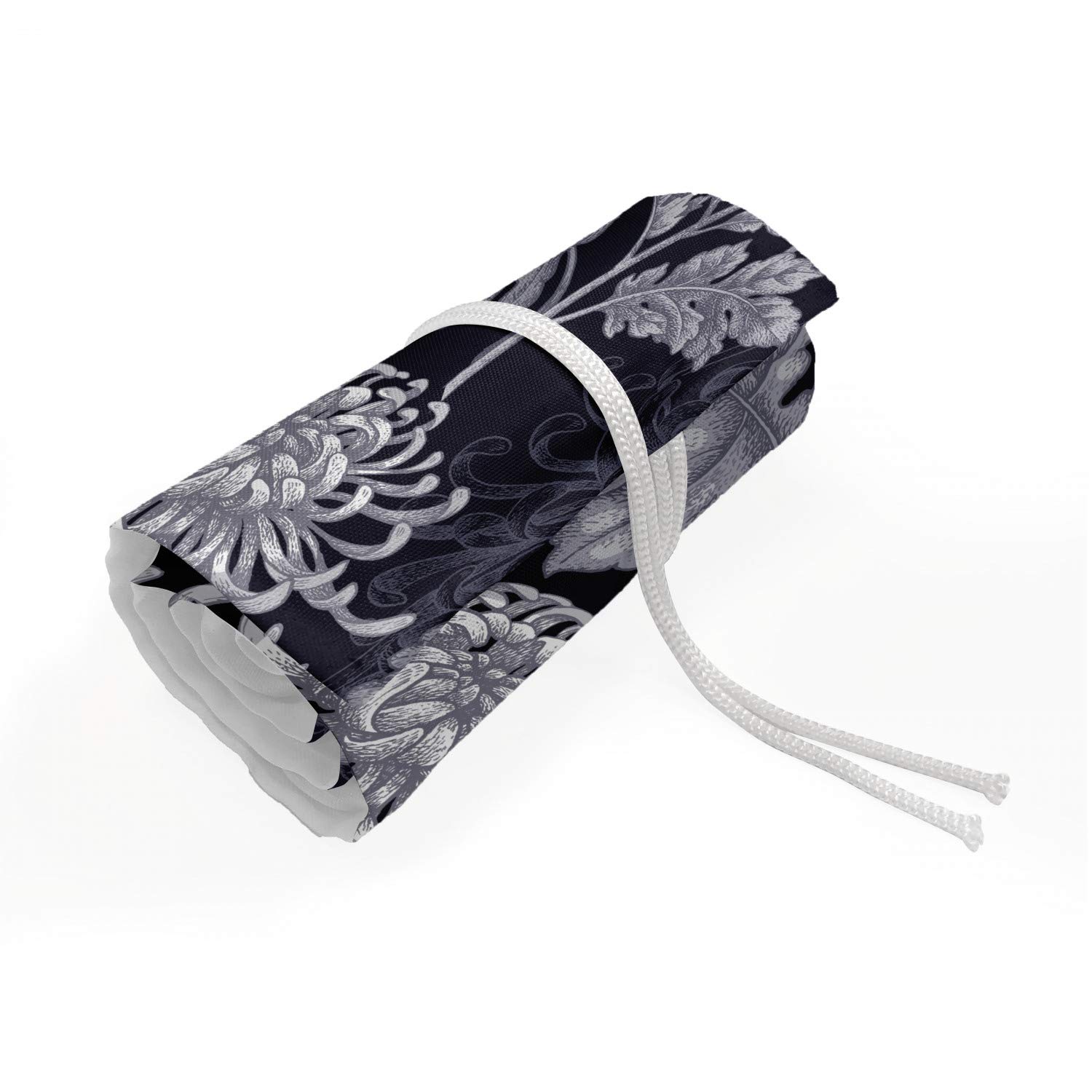 Ambesonne Floral Pencil Case Wrap Roll Holder - Gothic Flower Bouquet Chrysanthemum Design, Durable Canvas Pencil Organizer with 72 Loops, Indigo Pale Grey - Perfect for Artists, Students & Office Supplies Storage