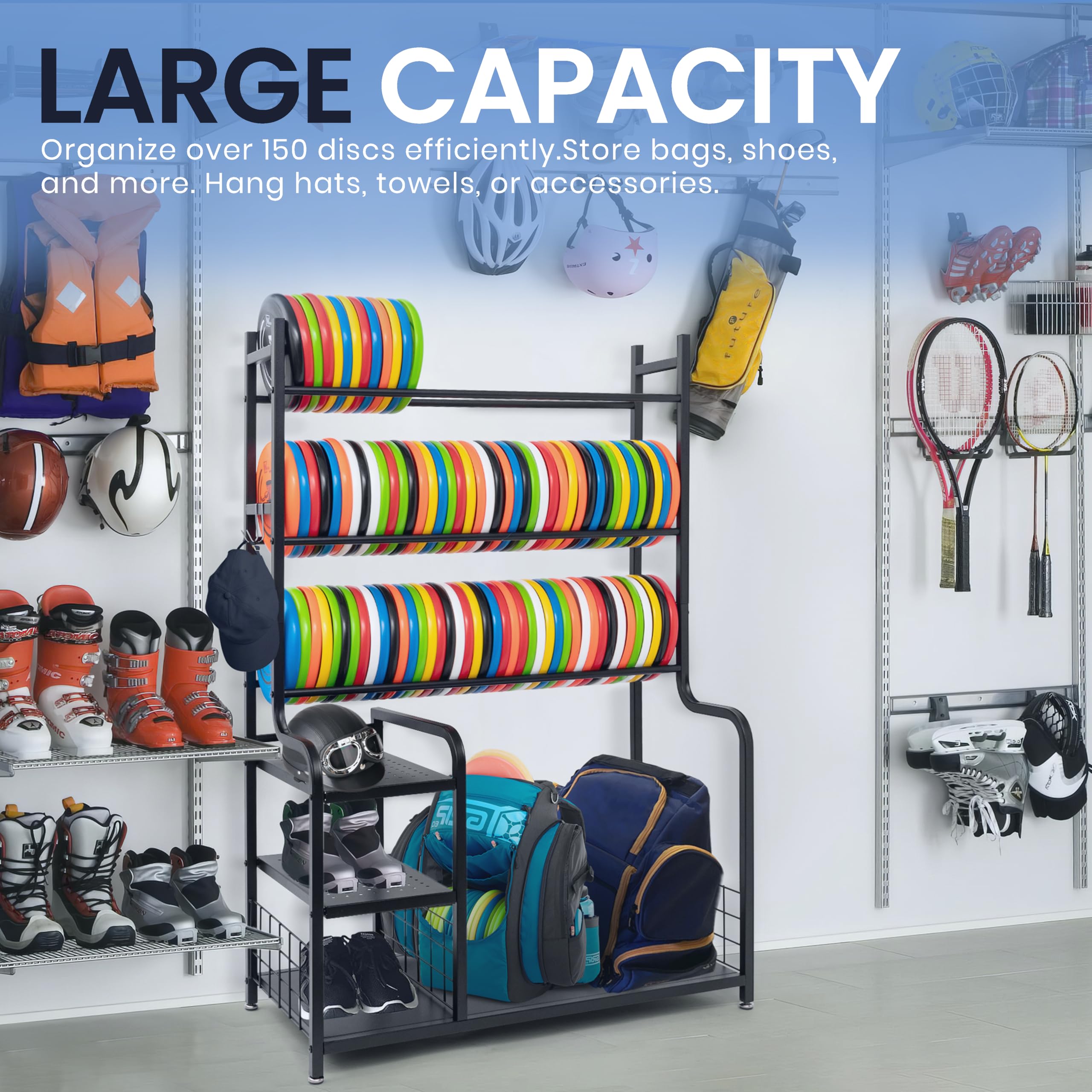 Premium Metal Disc Golf Storage Rack - Heavy Duty Disc Organizer Shelf for Frisbee Equipment | Perfect for Home, Garage & Basement Organization | Black Sport Accessories Stand