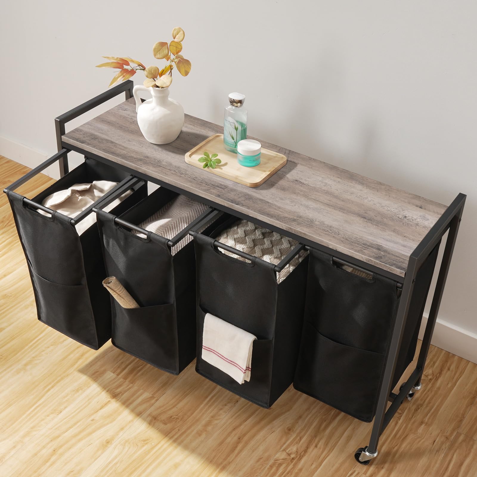 HOOBRO 4-Section Rolling Laundry Hamper with Wheels & Removable Oxford Fabric Bags - 39.8L (10.5 Gal Each) - Greige & Black BG04XY01 - Perfect for Laundry Room Organization, Small Spaces & Apartments