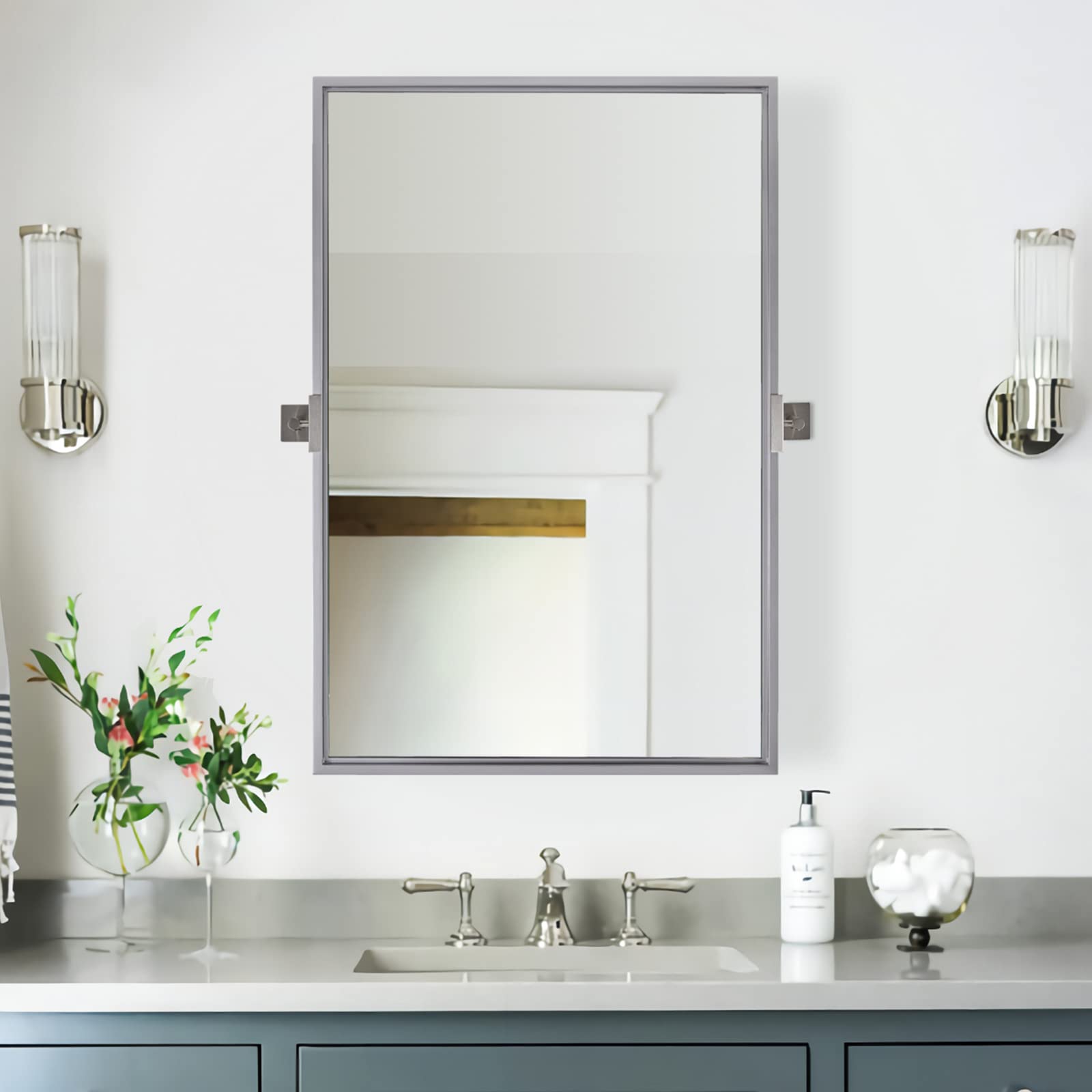 24x36 Inch Modern Silver Pivot Mirror - Square Pivots, Floating Bathroom Wall Mirror for Vanity, Vertical Hanging (27.75