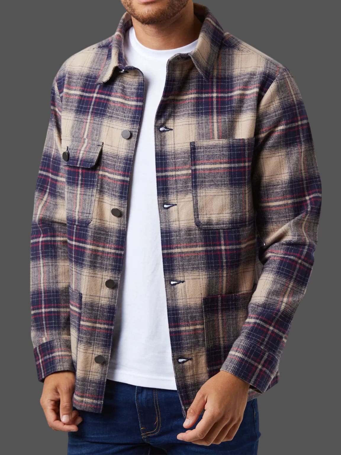Brave Soul Men's Navy Beige Brushed Cotton Overshirt Jacket - Casual Layering Shirt for Fall & Winter Outdoor Activities