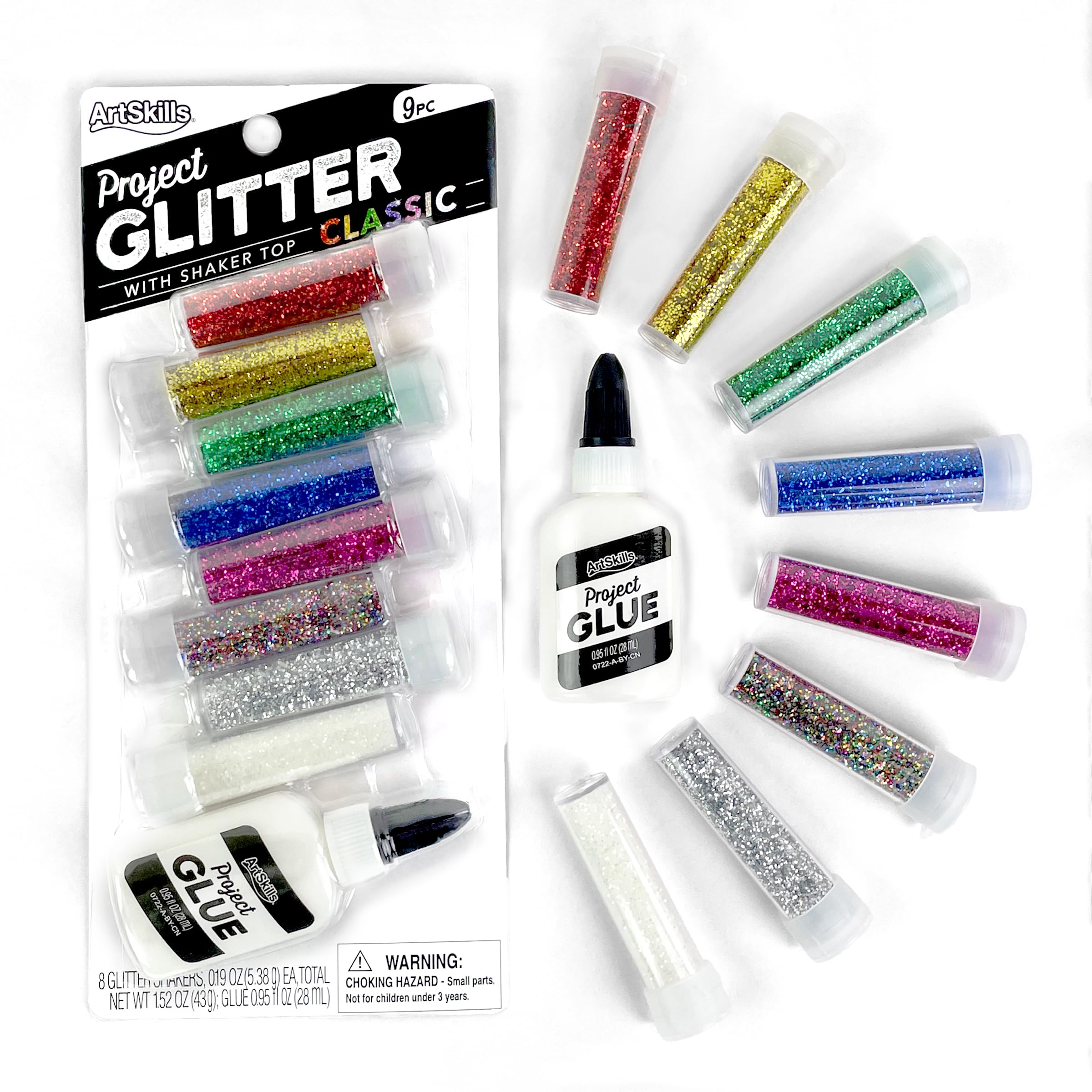 ArtSkills Non-Toxic Glitter Powder Shaker Bottles Set - 8 Vibrant Colors with Glue Included (PA-1208) | Perfect for DIY Crafts, Scrapbooking & Kids Art Projects