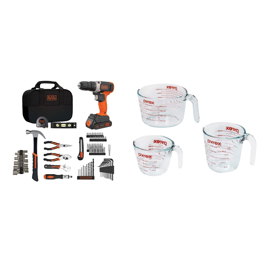 BLACK+DECKER 20V MAX Cordless Drill & 83-Piece Home Tool Kit (BDPK70284C1AEV) | Pyrex 3-Piece Glass Measuring Cup Set | Microwave & Oven Safe | Perfect for DIY Projects, Home Repairs & Baking