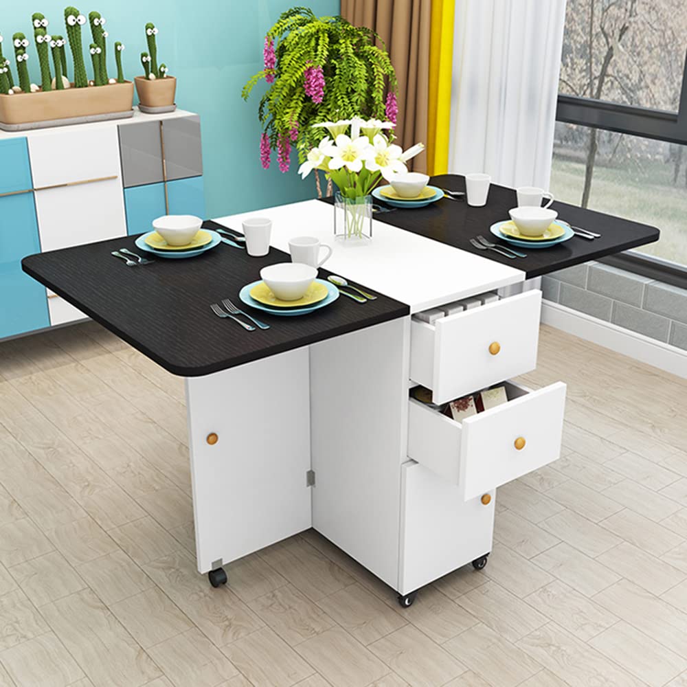LITFAD Modern Wooden Pedestal Dining Table with Drop Leaf - Foldable Kitchen Table for Small Spaces, Black & White, 55.1