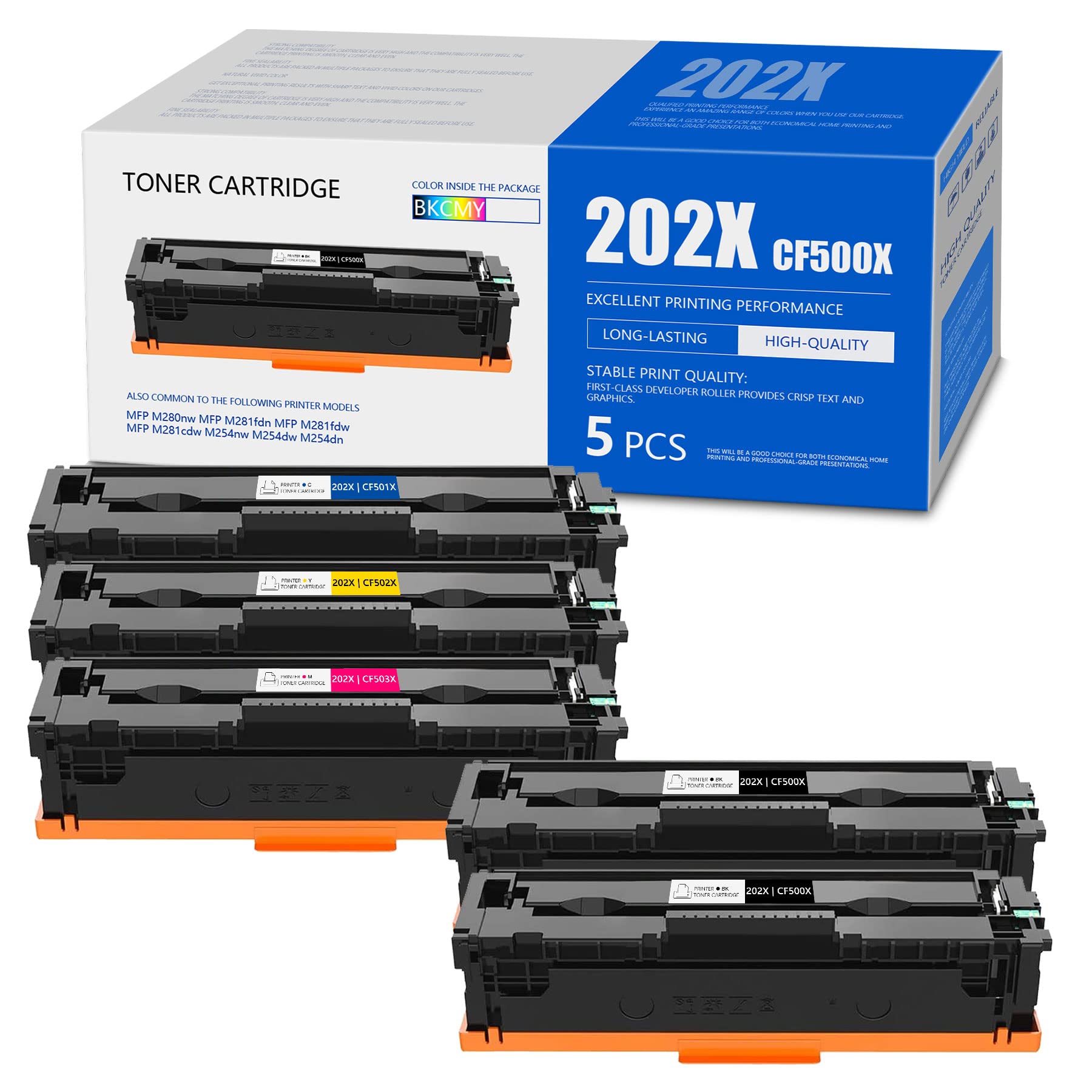 HUIAYA 5-Pack Compatible Toner Cartridge Replacement (2BK+1C+1M+1Y) for HP MFP M280nw M281fdn M281fdw M281cdw M254nw Printers | High-Quality CF500X CF501X CF502X CF503X Color Toner | Perfect for Home Office & Small Business Printing Needs