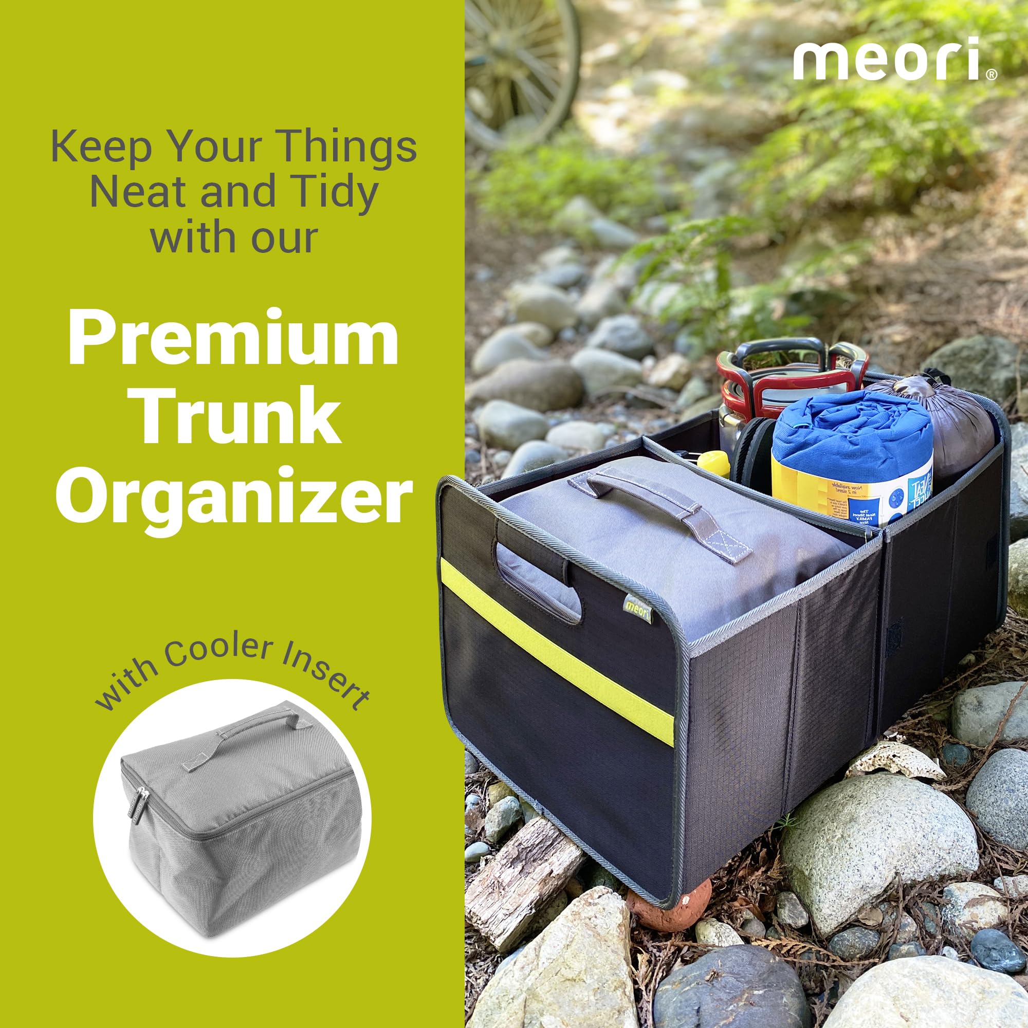 Meori Collapsible Car Trunk Organizer with Cooler Compartment - 2-Section Heavy Duty Mesh Storage for Groceries, Road Trips & Travel | Durable Ripstop Fabric for SUV, Sedan & Family Vacations