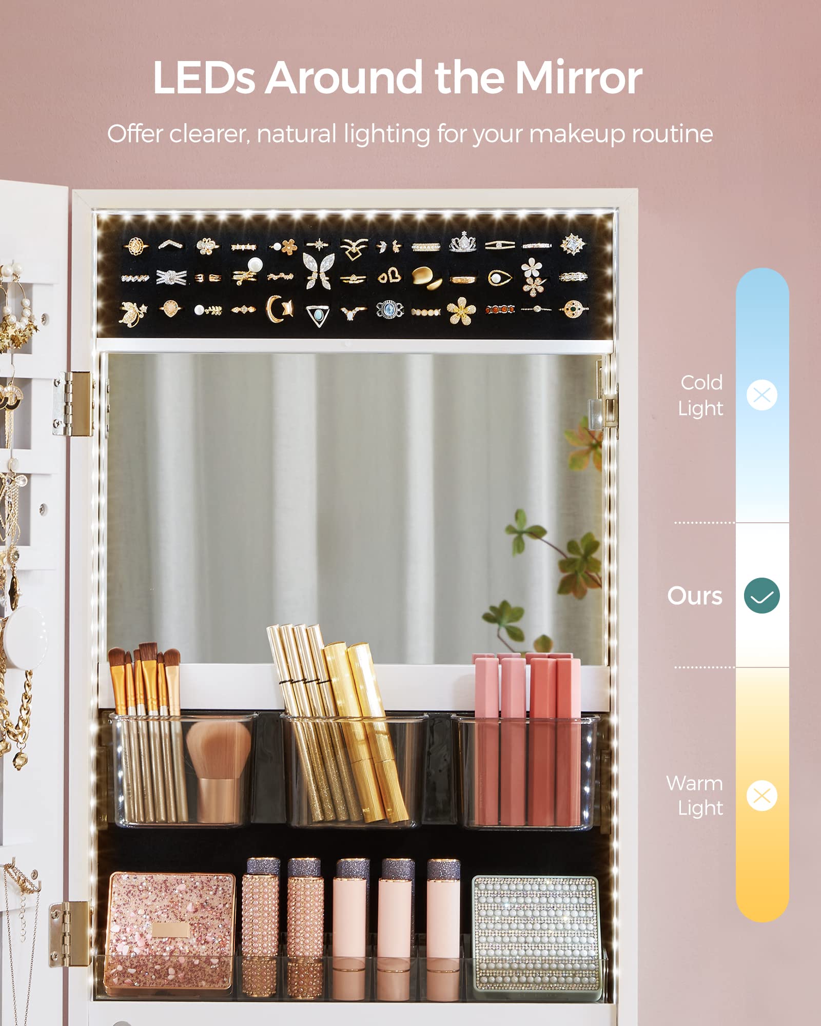 SONGMICS Full-Length Lighted Jewelry Cabinet with Mirror - Wall Mount or Door Mount Organizer with 2 Lockable Drawers, Built-in Makeup Mirror - Perfect for Bedroom, Bathroom & Dressing Room Storage (White, UJJC013W01)