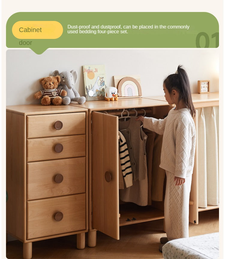 Solid Wood Beech & Rubber Kids Wardrobe - Multi-Functional Storage Cabinet for Bedroom, Nursery, and Playroom Organization