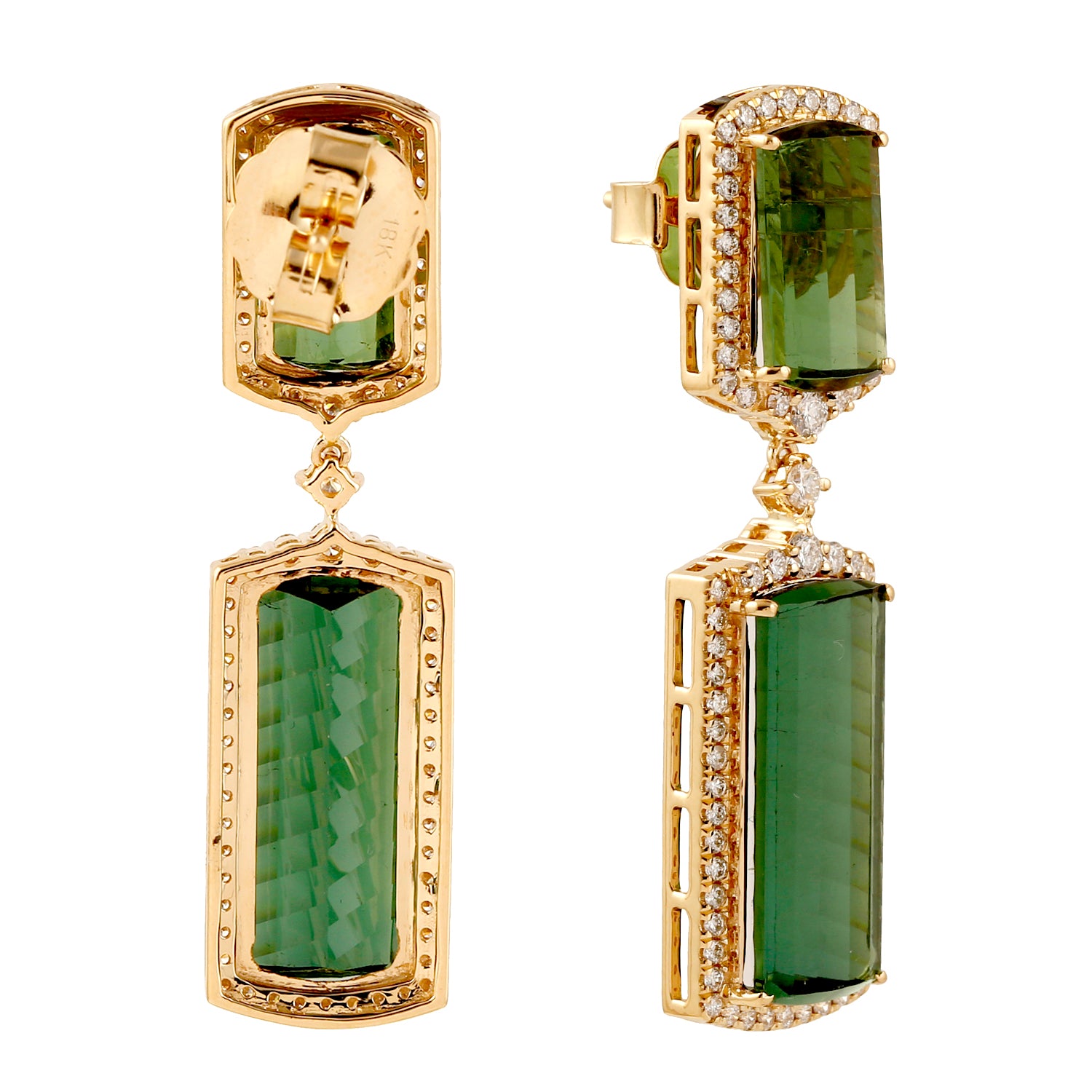 18K Yellow Gold Green Tourmaline Pave Diamond Dangle Earrings for Women - Elegant Party & Evening Wear Jewelry Gift
