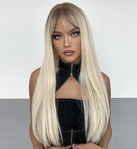 Shaded Platinum Blonde Wig with Bangs - Natural Looking Synthetic Hair for Cosplay, Costume Parties & Daily Wear | Heat Resistant & Comfortable