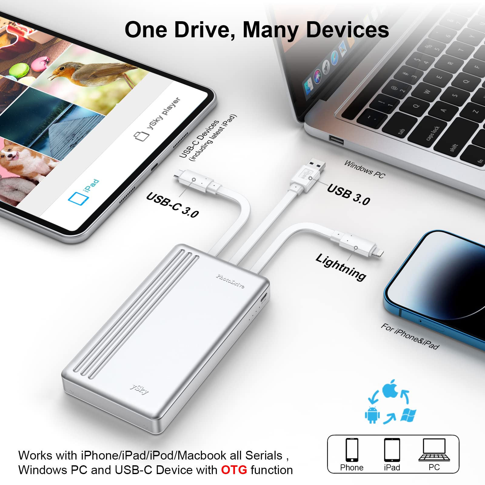 1TB MFi Certified Portable External Hard Drive for iPhone, iPad, MacBook - USB-C/USB Storage Device with One-Touch Backup | Expand Memory for iOS, Android & Windows PC | Perfect for Travel, Work & Photo Storage