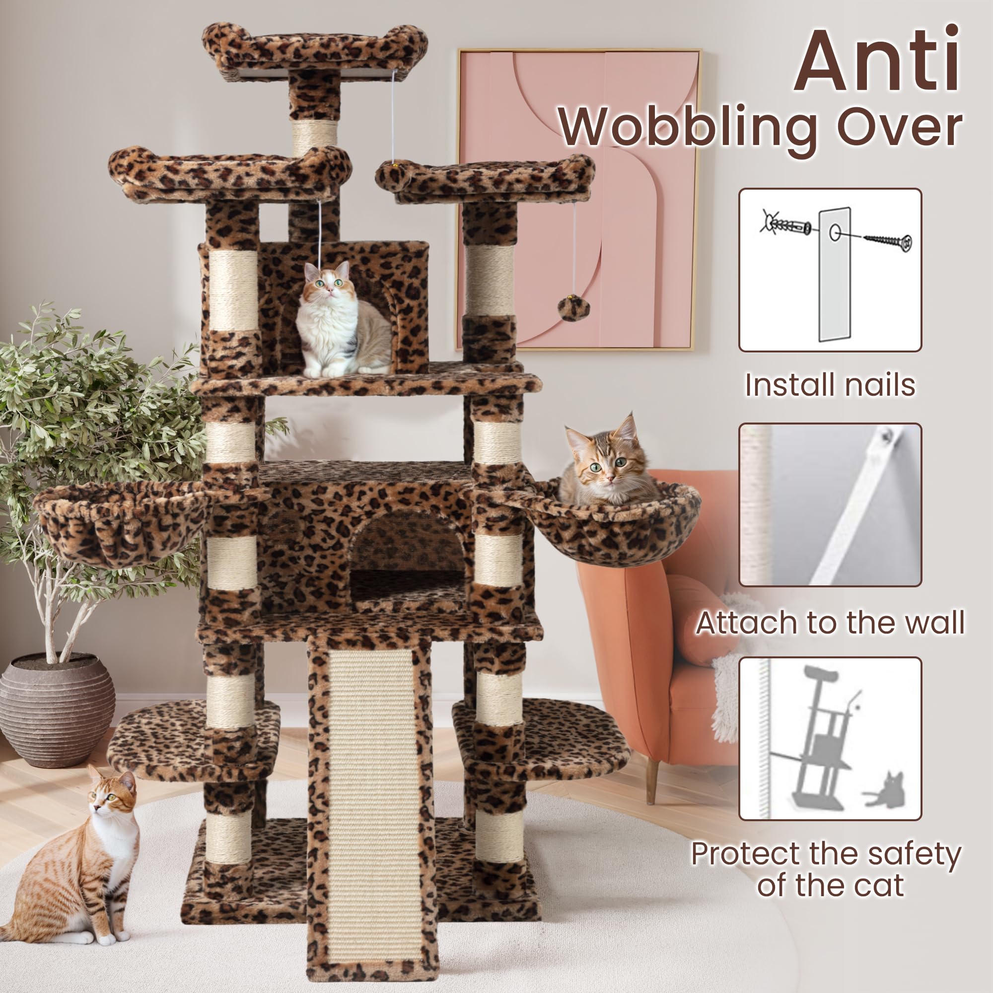 68-Inch Multi-Level Large Cat Tree for Big Cats - Sturdy Cat Tower with Condo, Plush Perches, Sisal Scratching Posts & Hammocks - Leopard Print Activity Center for Play & Rest (Ideal for Large Kitties & Active Cats)