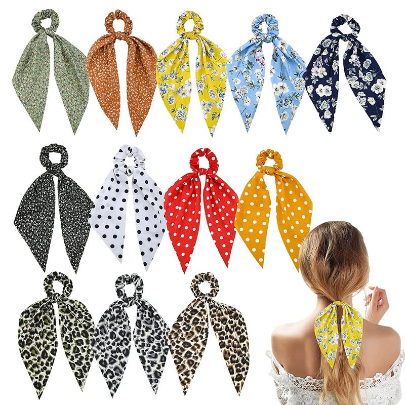 12 Pack Chiffon Hair Ribbons for Women & Girls – 2-in-1 Ponytail Scrunchies with Bow Ties, Elastic Hair Scarves & Bandanas – Soft Headbands for Long Hair Accessories – Perfect for School, Parties, Weddings & Everyday Styling