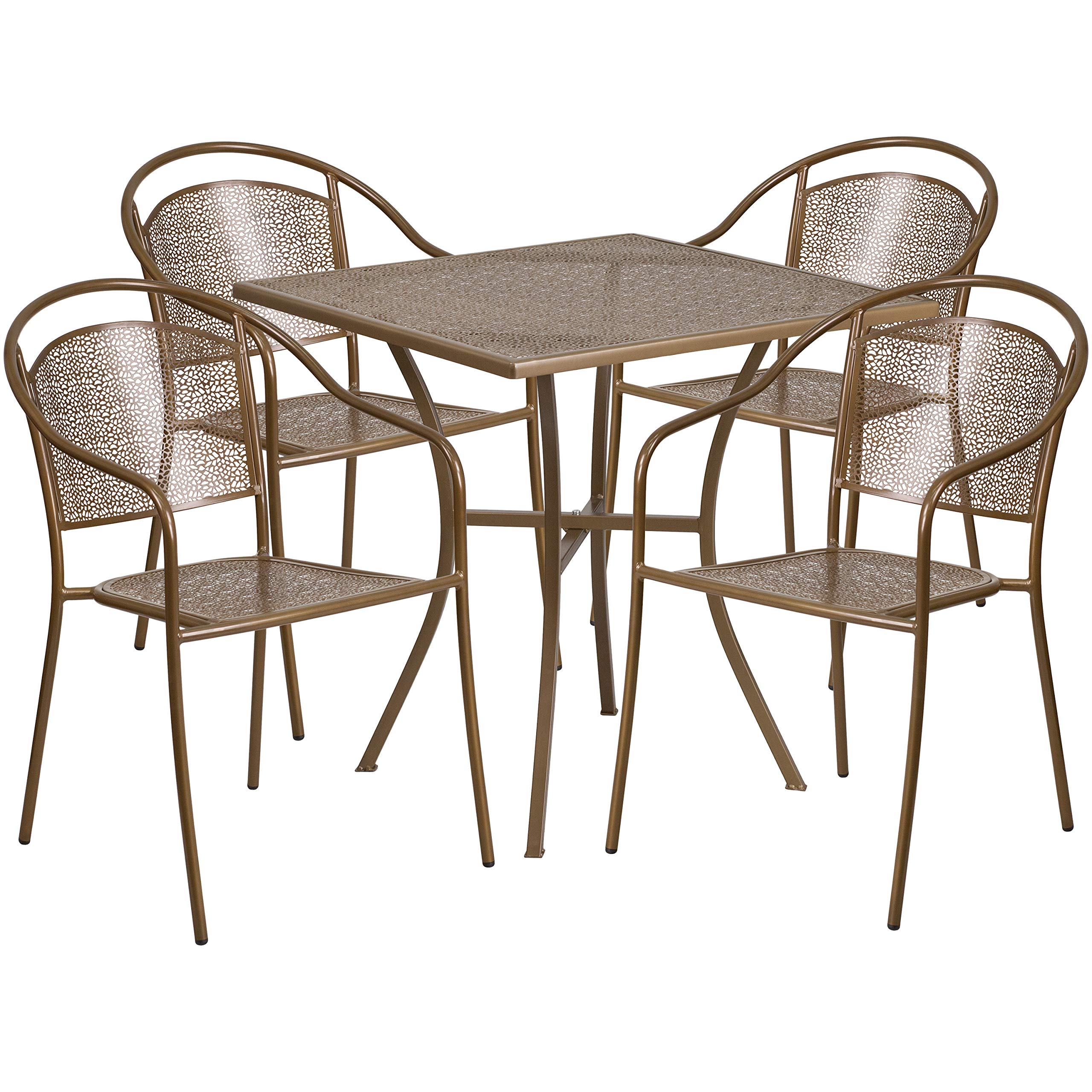 EMMA + OLIVER 28 Inch Square Gold Patio Dining Table Set with 4 Round Back Chairs - Heavy Duty Commercial Grade Outdoor Furniture for Restaurant, Cafe, and Backyard Entertaining