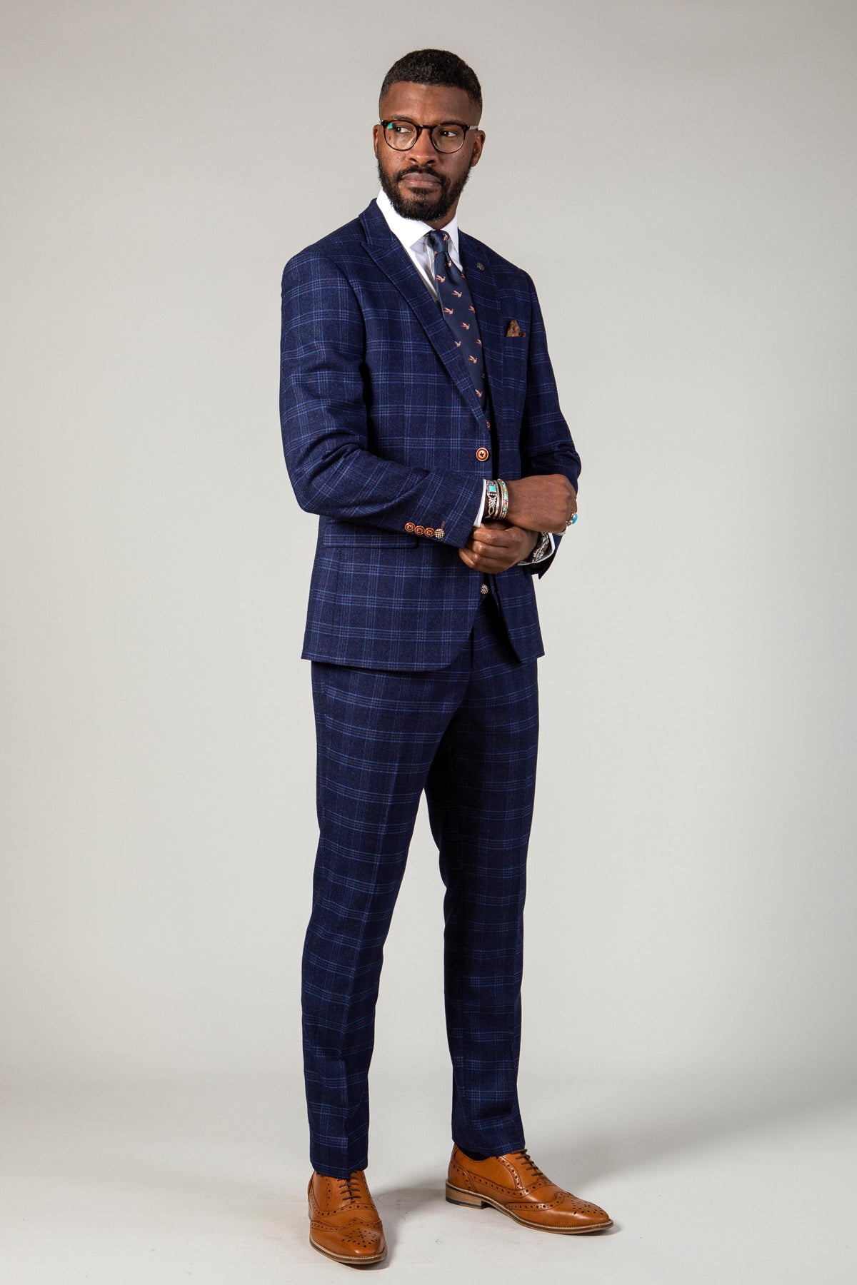 CHIGWELL Blue Tweed Check Three Piece Suit for Men | Classic Formal Business Attire | Perfect for Weddings, Office & Special Occasions