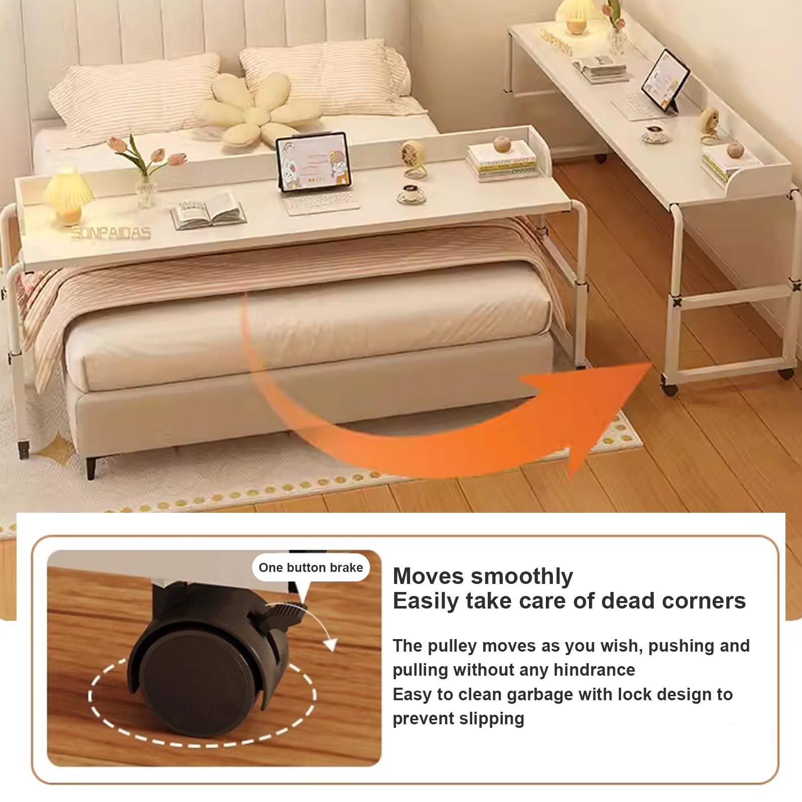 Adjustable Overbed Table with Wheels - King Size Rolling Tray Desk for Laptop, Writing, and Dining - Wooden Overbed Desk for Living Room, Bedroom, and Hospital Use
