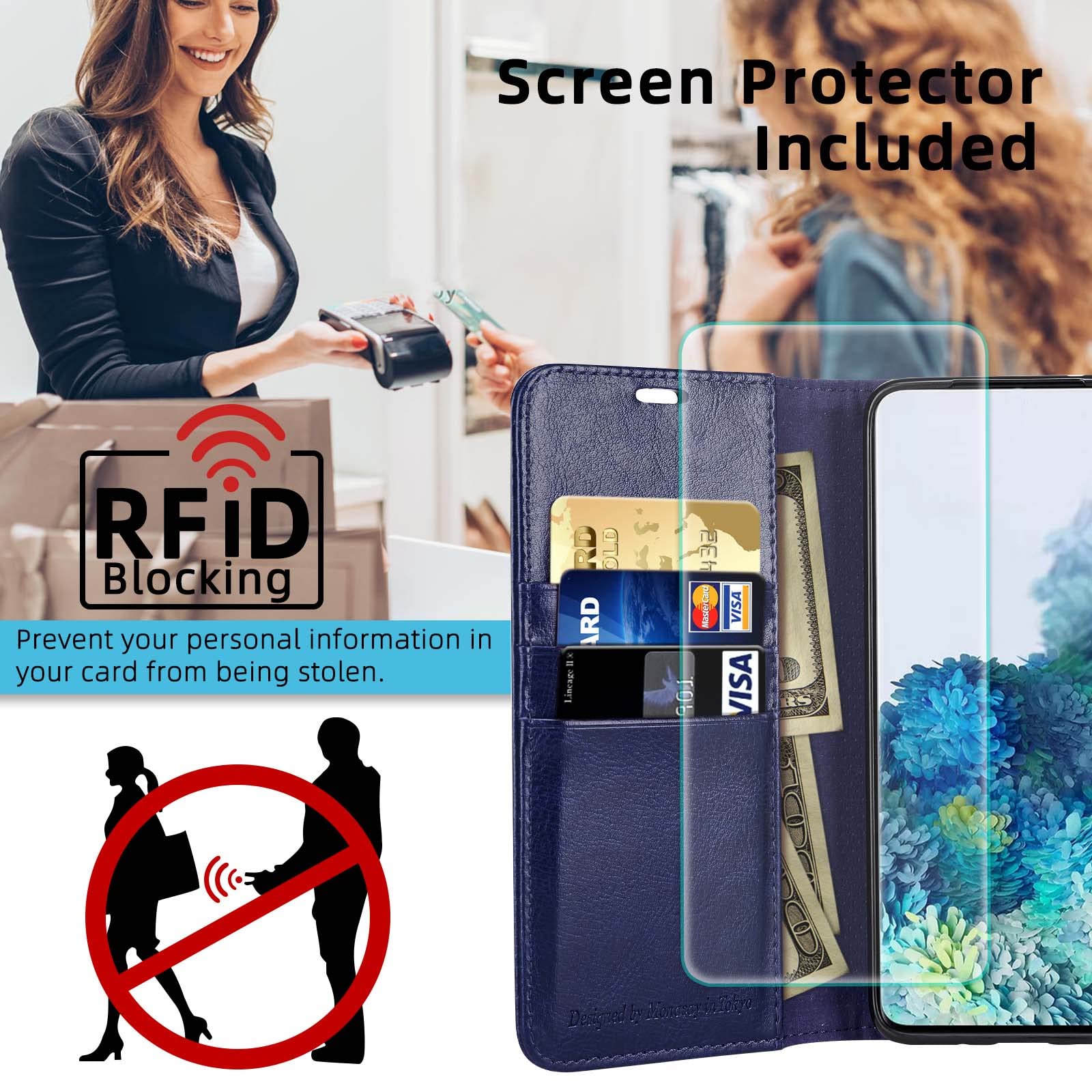 MONASAY Leather Wallet Case for iPhone 8 Plus & 7 Plus (5.5 Inch) - RFID Blocking Flip Cover with Card Slots & Tempered Glass Screen Protector | Perfect for Everyday Use, Travel & Business (Blue)