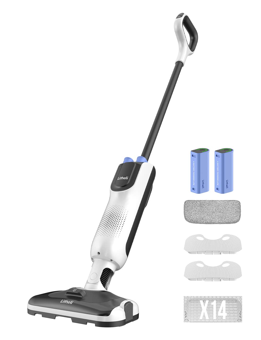 LiTHELi Cordless Vacuum Mop Cleaner - 2-in-1 Hard Floor Stick Vacuum & Wet Dry Mop with 2 Disposable Dust Boxes, 14 Pads & 4000mAh Batteries - Perfect for Hardwood, Tile & Laminate Floors Cleaning