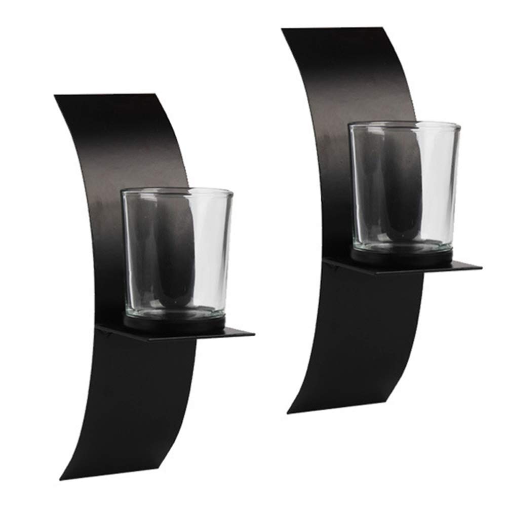VOSAREA 2 Pack Black Metal Wall Mounted Candle Holder with Arc Glass Tray - Rustic Home Decor Shelf Bracket for Living Room, Bedroom, and Dining Room - Perfect for Tea Lights, Pillar Candles, and Decorative Display