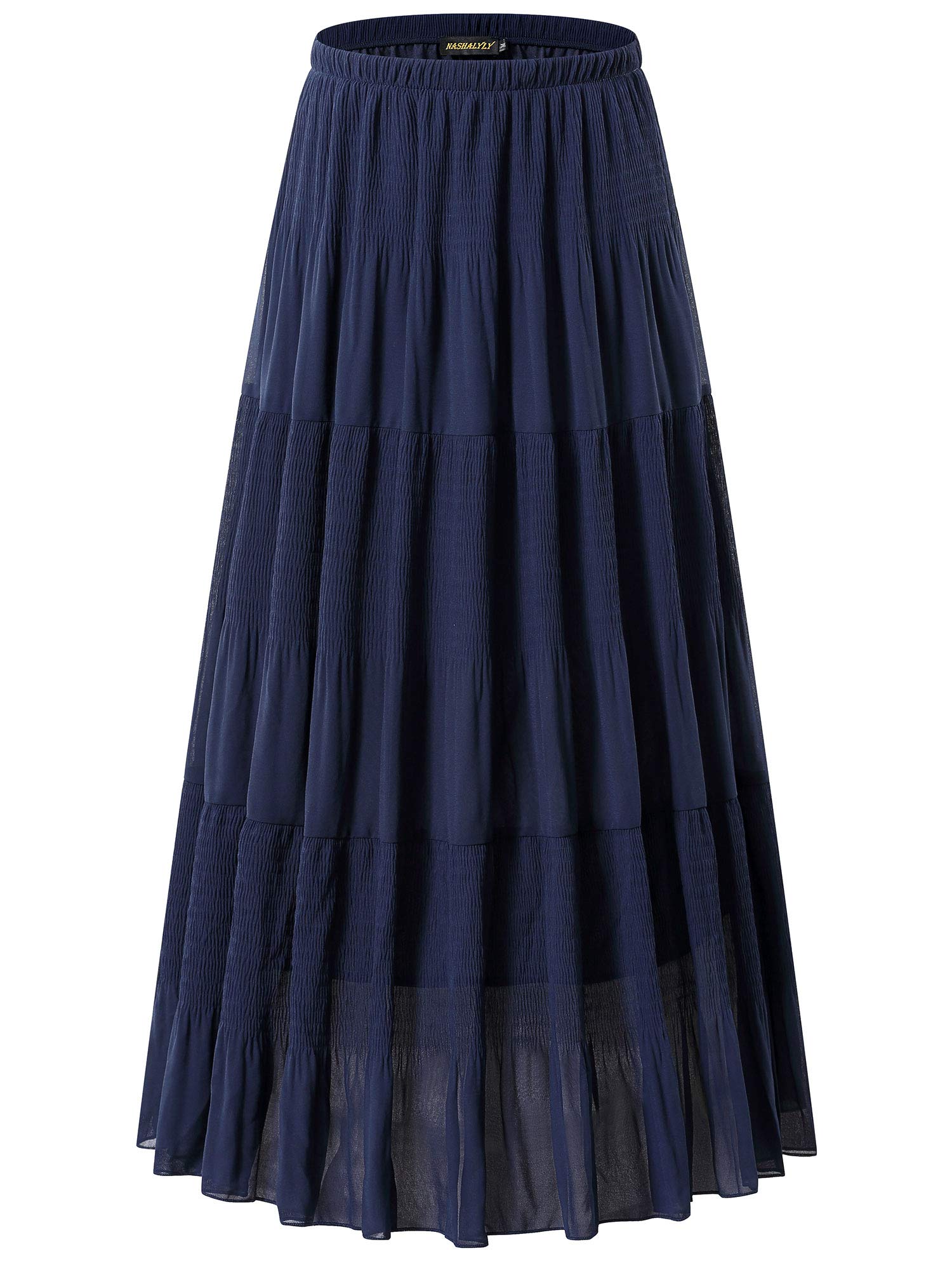 NASHALYLY Women's Chiffon Elastic High Waist Pleated A-Line Flared Maxi Skirt - Elegant Summer Beach Wedding Party Dress for Women