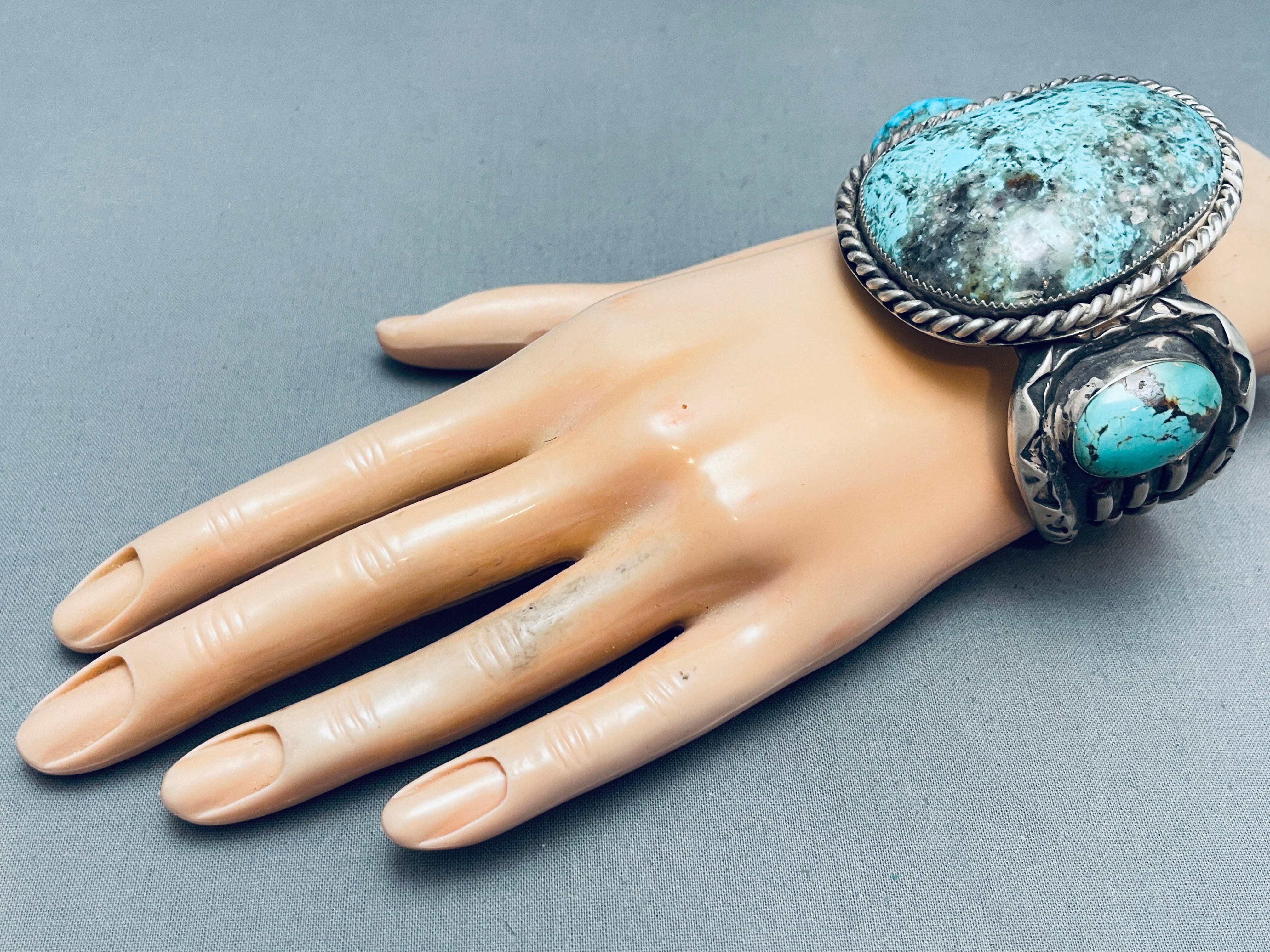 151 Grams Vintage Navajo Native American Sterling Silver Bracelet with Rare Basalt Turquoise - Handmade Jewelry for Women, Boho Chic Accessory, Gift for Her, Wedding & Special Occasions