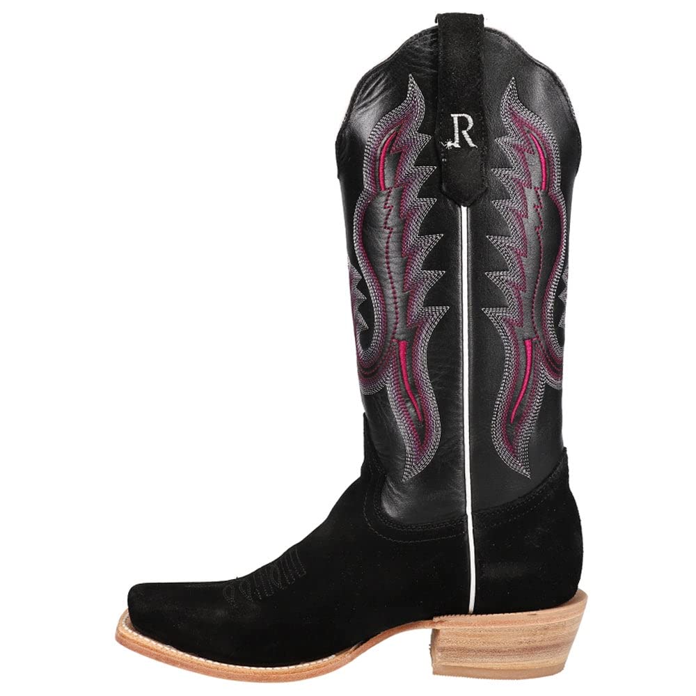 R. Watson Women's Rough Out Black Square Toe Casual Boots - Mid Calf, Low Heel 1-2
