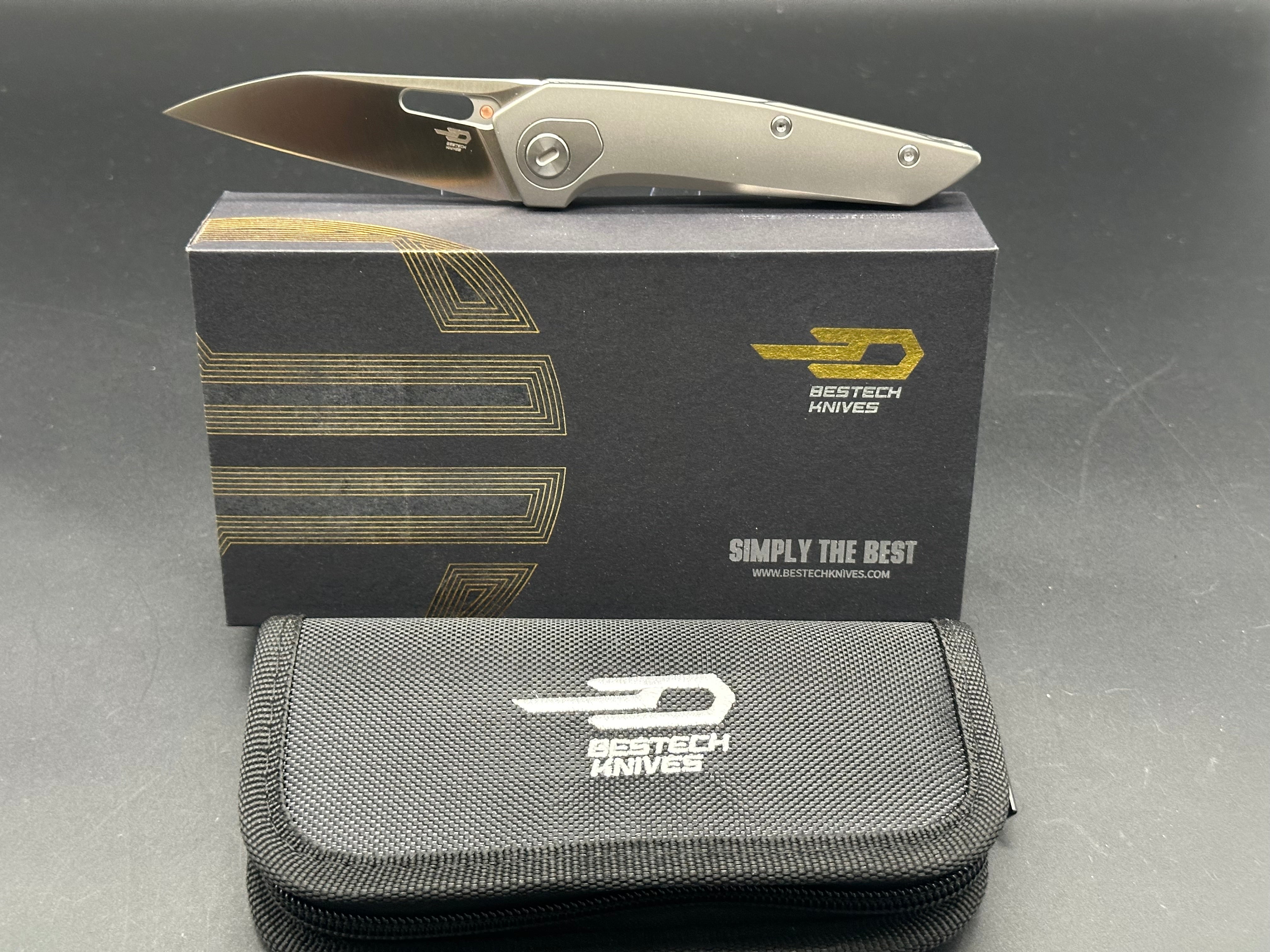 BESTECH VK VOID Folding Knife - White Bead Blast/Stonewash Titanium Handle, ELMAX Plain Edge Satin Finish BT2305A - EDC Pocket Knife for Camping, Hiking & Outdoor Survival