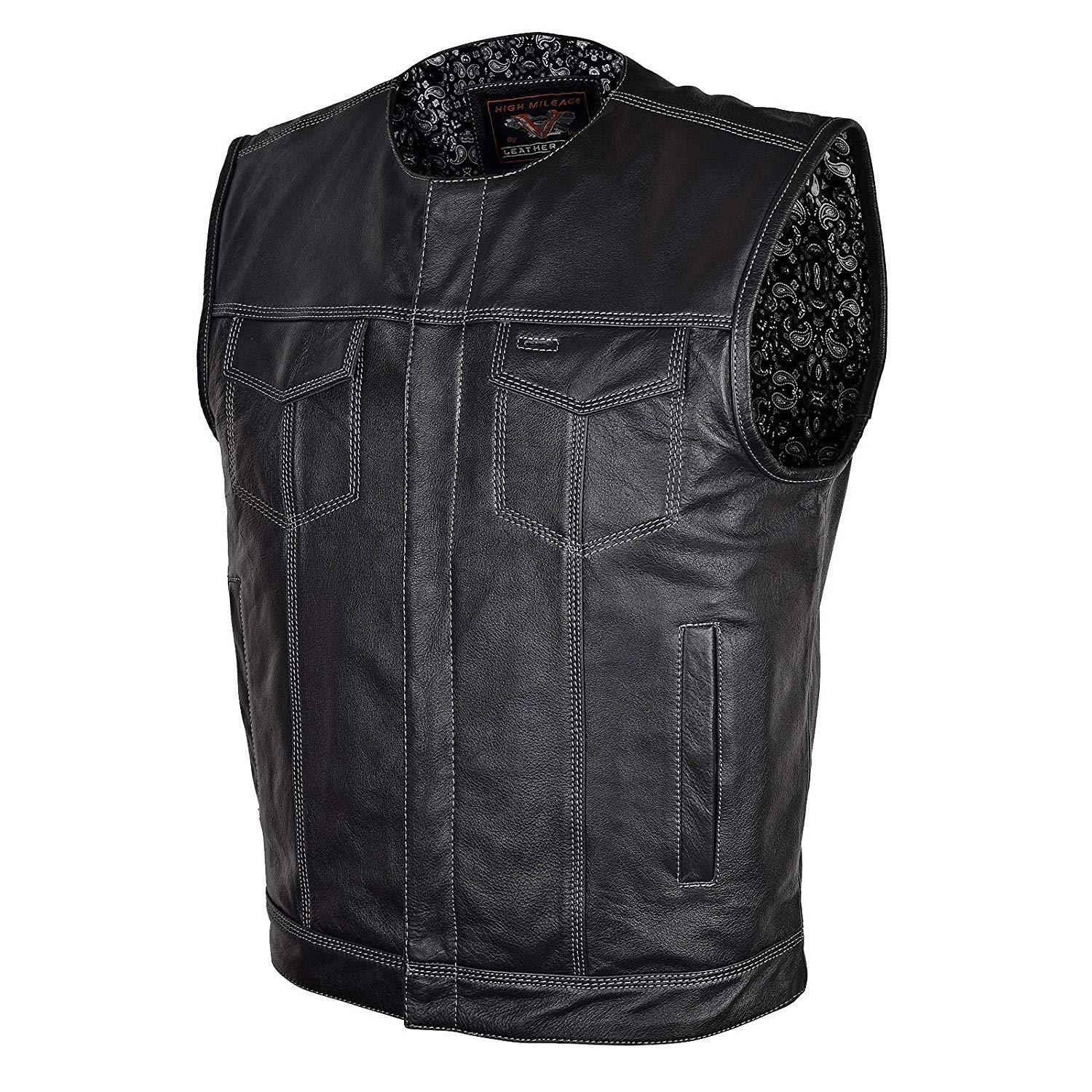 Men's Motorcycle Leather Vest with Paisley Liner - Collarless Biker Jacket with SOA Premium Patch Holder & External Gun Pocket - Perfect for Riding, Motorcycle Clubs, and Outdoor Adventures