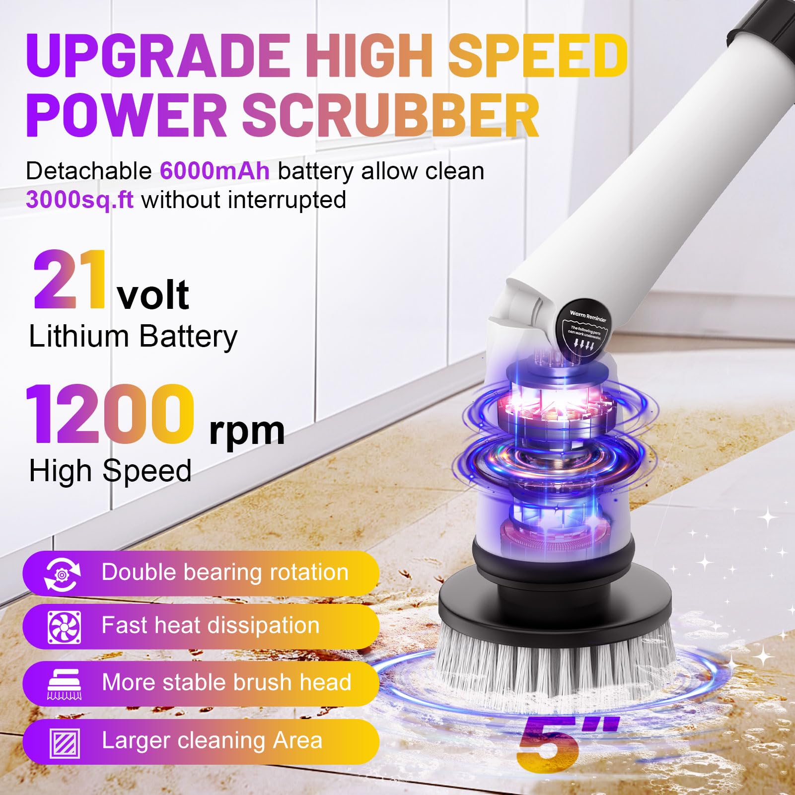 Zordin 6000mAh Cordless Electric Spin Scrubber with 5-Inch Large Brush - 1200RPM Power Shower Cleaner for Bathroom Tiles, Floor Grout, Kitchen & Shower - Includes 8 Replacement Brushes for Deep Cleaning
