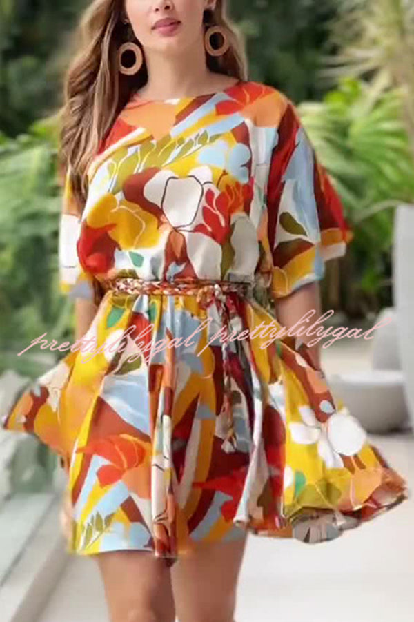 **Stylish Printed Round Neck Short Sleeve Waist Tie Mini Dress for Women - Perfect for Vacation, Beach, and Summer Outfits**