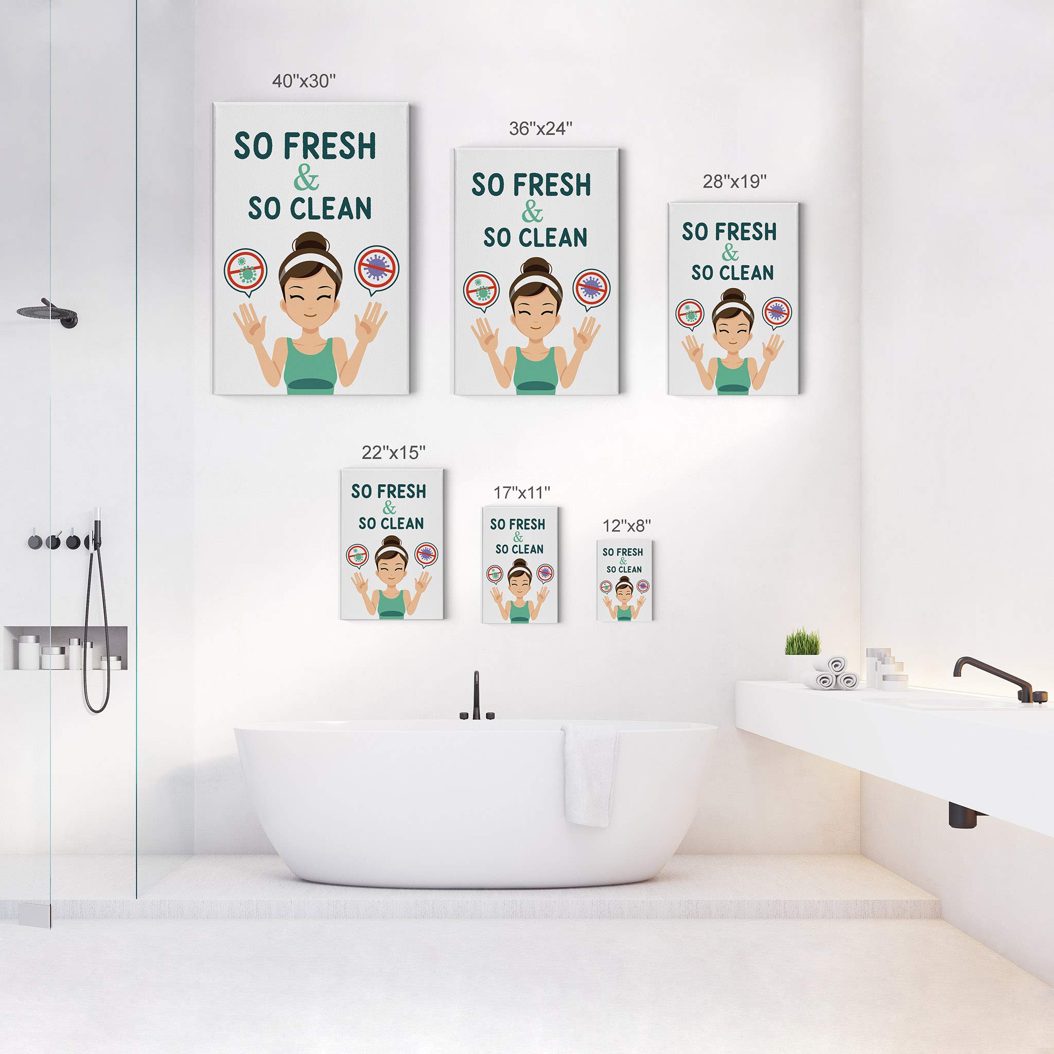 Smile Art Design 'So Fresh So Clean' Bathroom Canvas Print - Funny Cute Bathroom Sign for Kids, Nursery Wall Art, Home Decor - Ready to Hang 12x8 Inch - Made in USA | Perfect for Bathroom, Kids Room & Nursery Decor