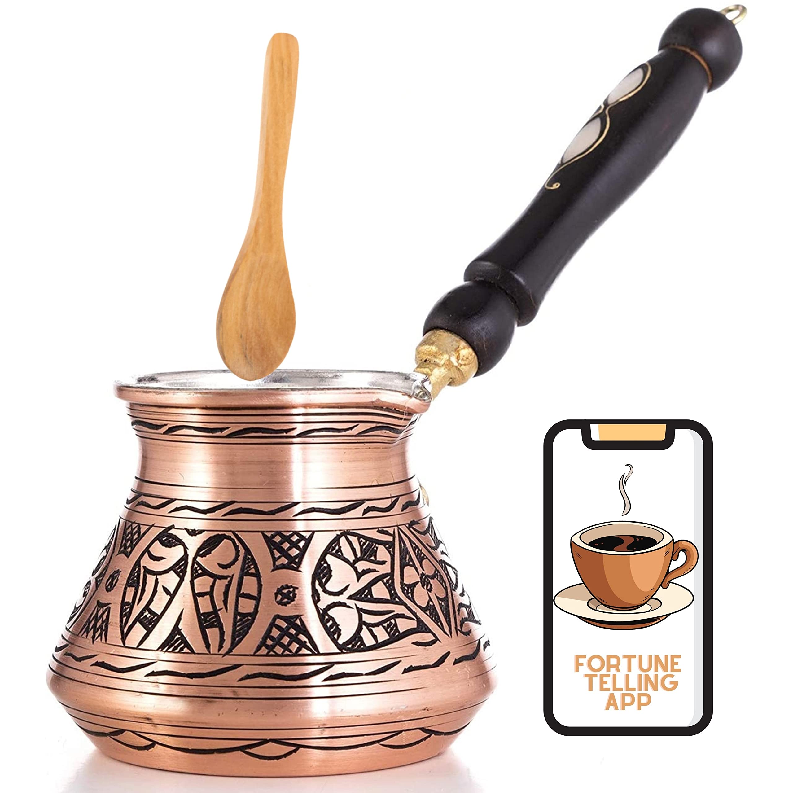 Premium Turkish Coffee Pot - Authentic Briki Greek & Arabic Copper Coffee Maker with Wooden Handle (18 oz) - Perfect for Home Brewing, Traditional Coffee Ceremonies & Gift Giving