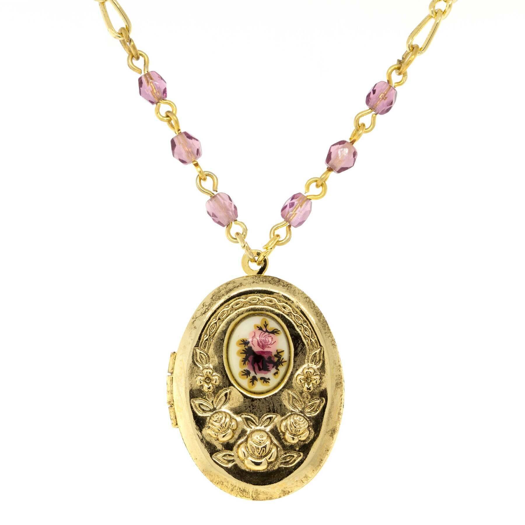 1928 Jewelry Manor House Pink and Purple Flower Beaded Locket Necklace - 18