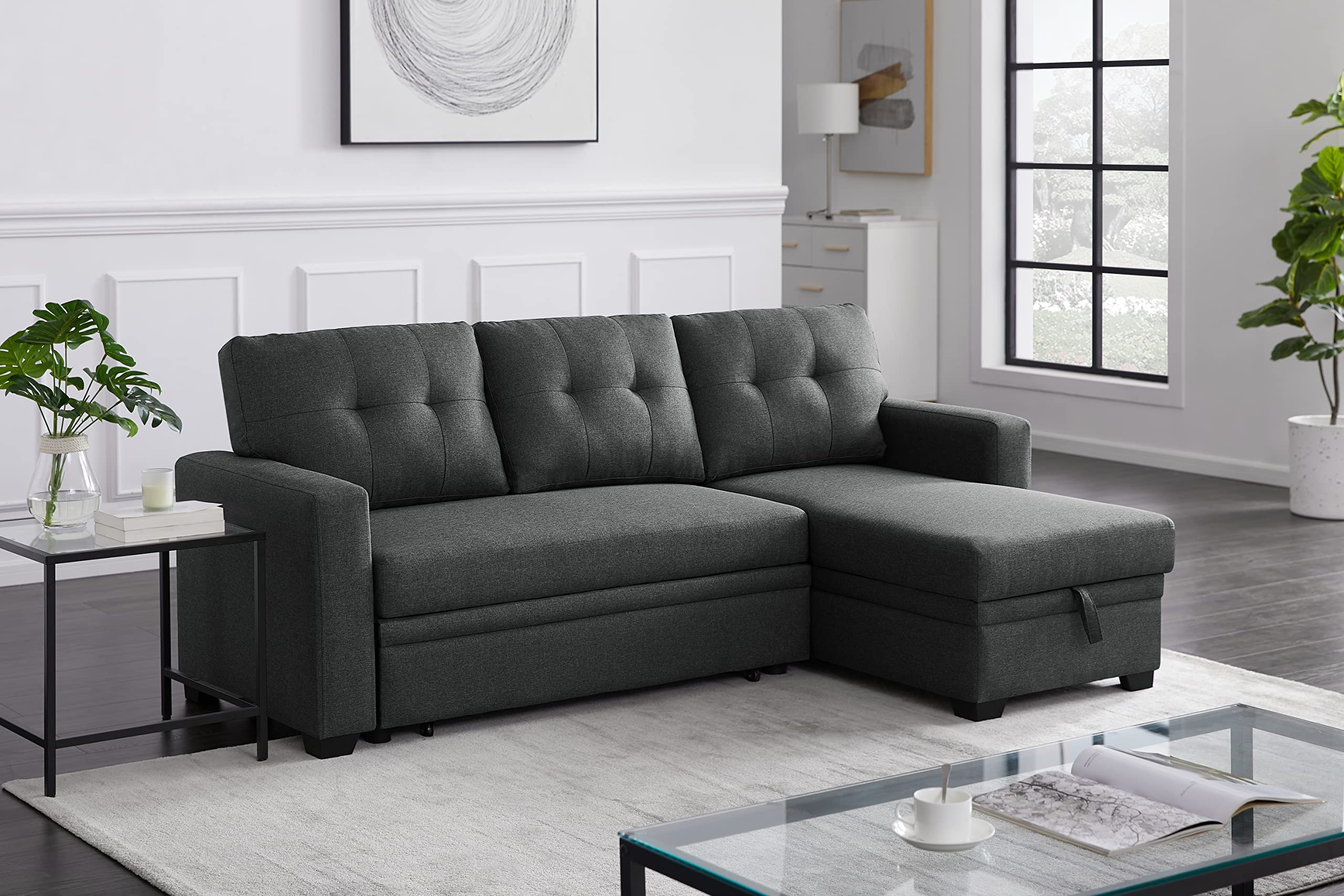 L-Shaped Reversible Sectional Sofa with Storage Chaise - Modern Convertible Sleeper Sofa Bed, Tufted Linen Upholstery for Living Room, Apartment & Small Spaces | Perfect for Guest Rooms, Home Theater & Studio Apartments