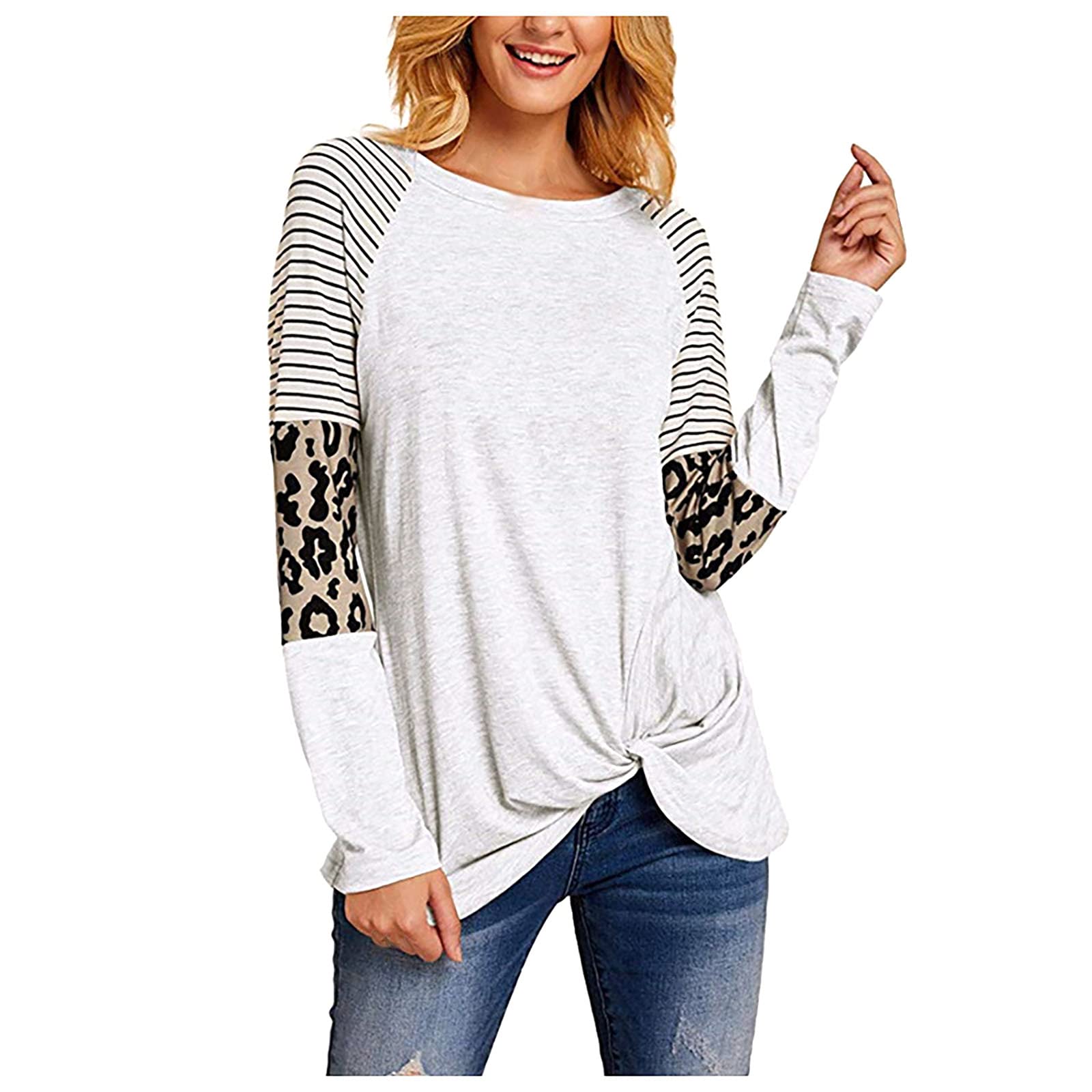 Women's Leopard Print Long Sleeve T-Shirt - Loose Fit Striped Casual Top with Raglan Sleeves & Round Neck | Trendy Fall Blouse for Going Out, Date Nights & Weekend Wear