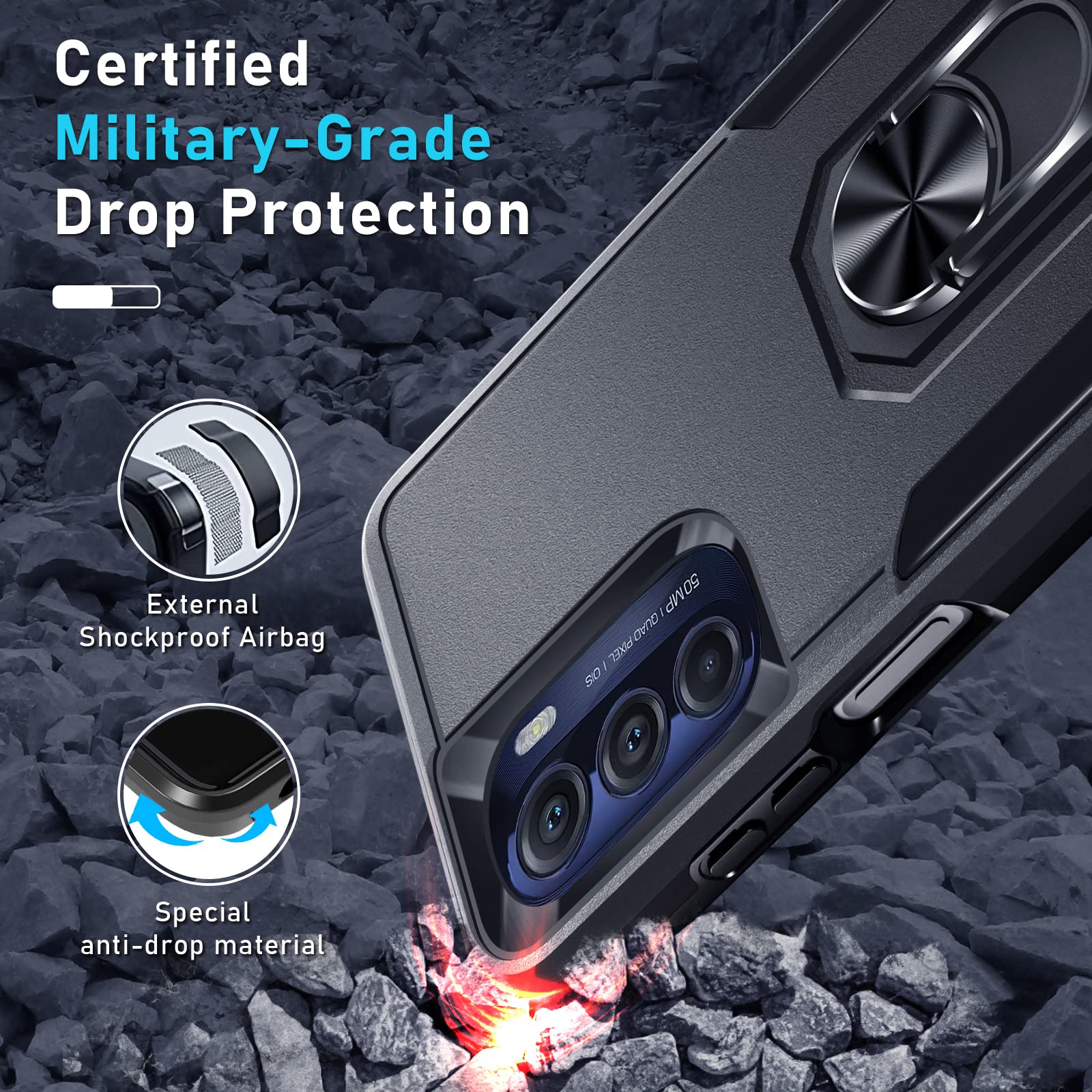 Janmitta Heavy Duty Shockproof Case for Moto G 5G 2022 with Built-in Rotatable Metal Ring Holder & Kickstand | Includes Screen Protector | Black Matte Finish | Perfect for Outdoor Activities, Travel & Daily Protection