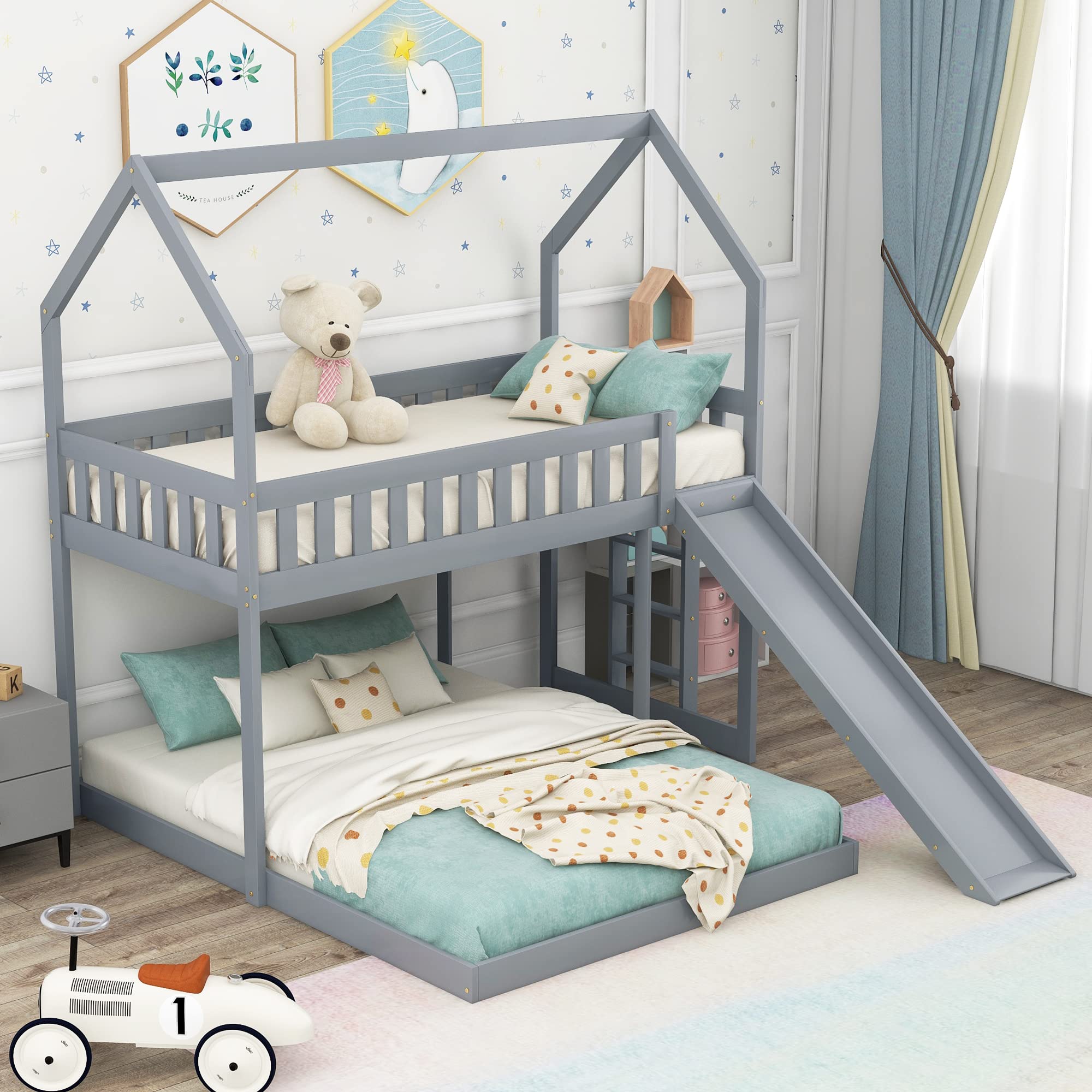 LZ LEISURE ZONE Twin Over Full Bunk Bed with Slide - Sturdy House Bunk Bed Frame with Built-in Ladder & Full-Length Guardrail - Perfect for Kids, Teens & Adults - Space-Saving Grey Loft Bed for Small Rooms, Dorms & Shared Kids' Bedrooms