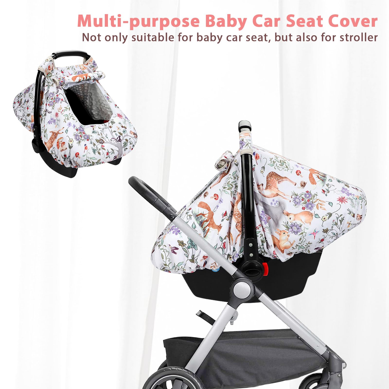 **Minky Windproof & Breathable Baby Car Seat Cover with Peep Window - Soft Infant Car Seat Protector for Boys & Girls, Woodland Animals Design - Shield Baby from Wind & Sun for Strolls, Travel & Outdoor Adventures**